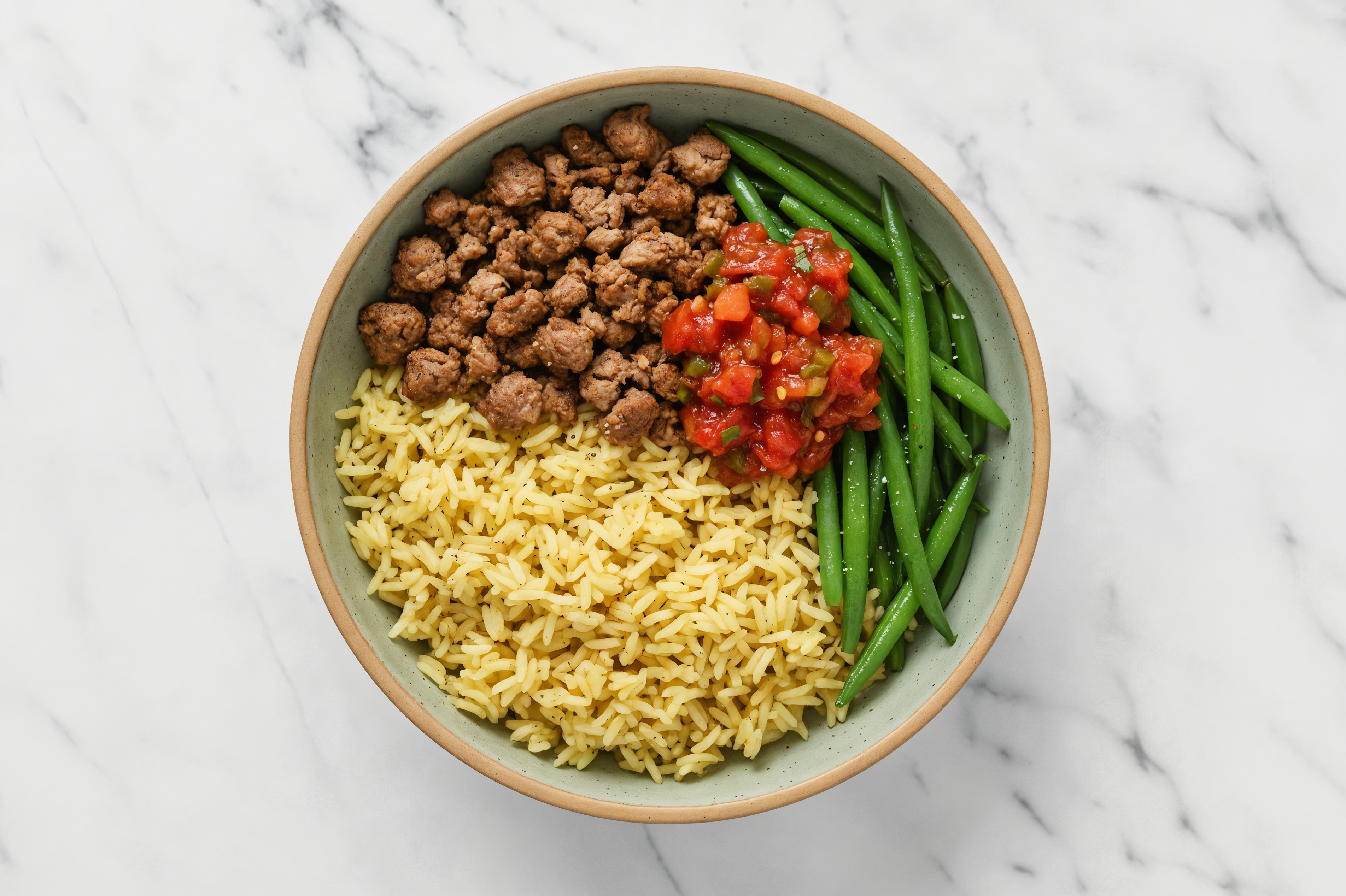 Mexican Ground Lamb + Jasmine Rice Bowl with Green Beans