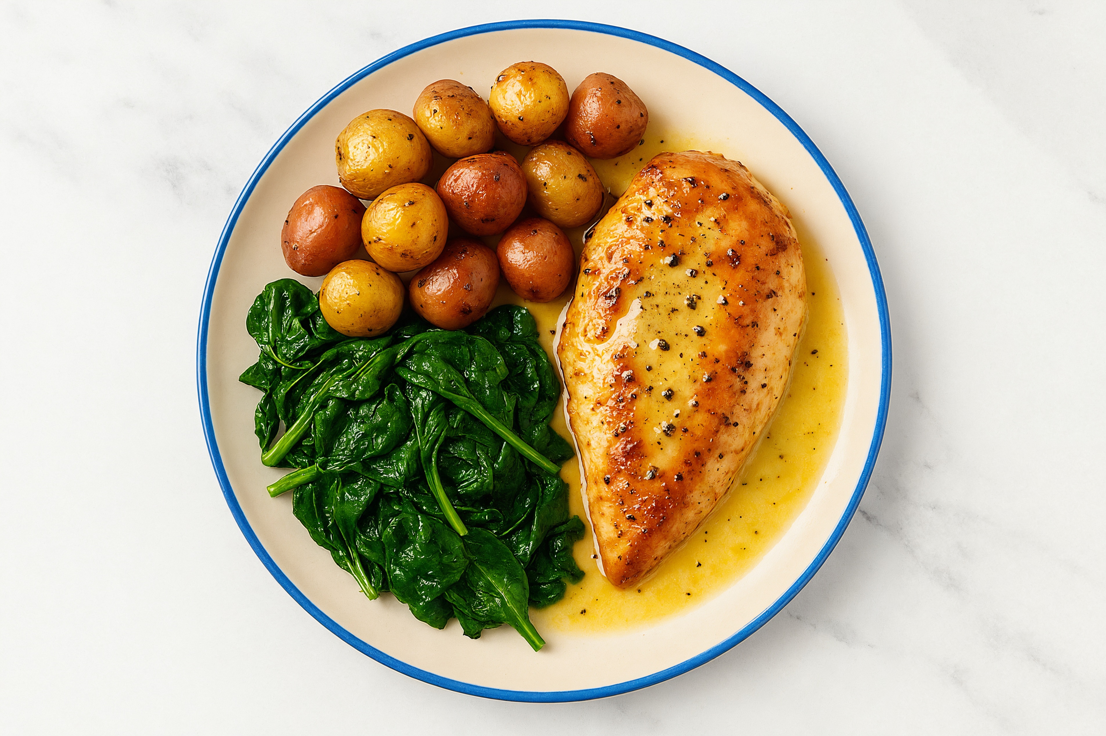 Lemon-Slow Churned Pasture Butter Chicken Breast with Creamer Potatoes & Spinach