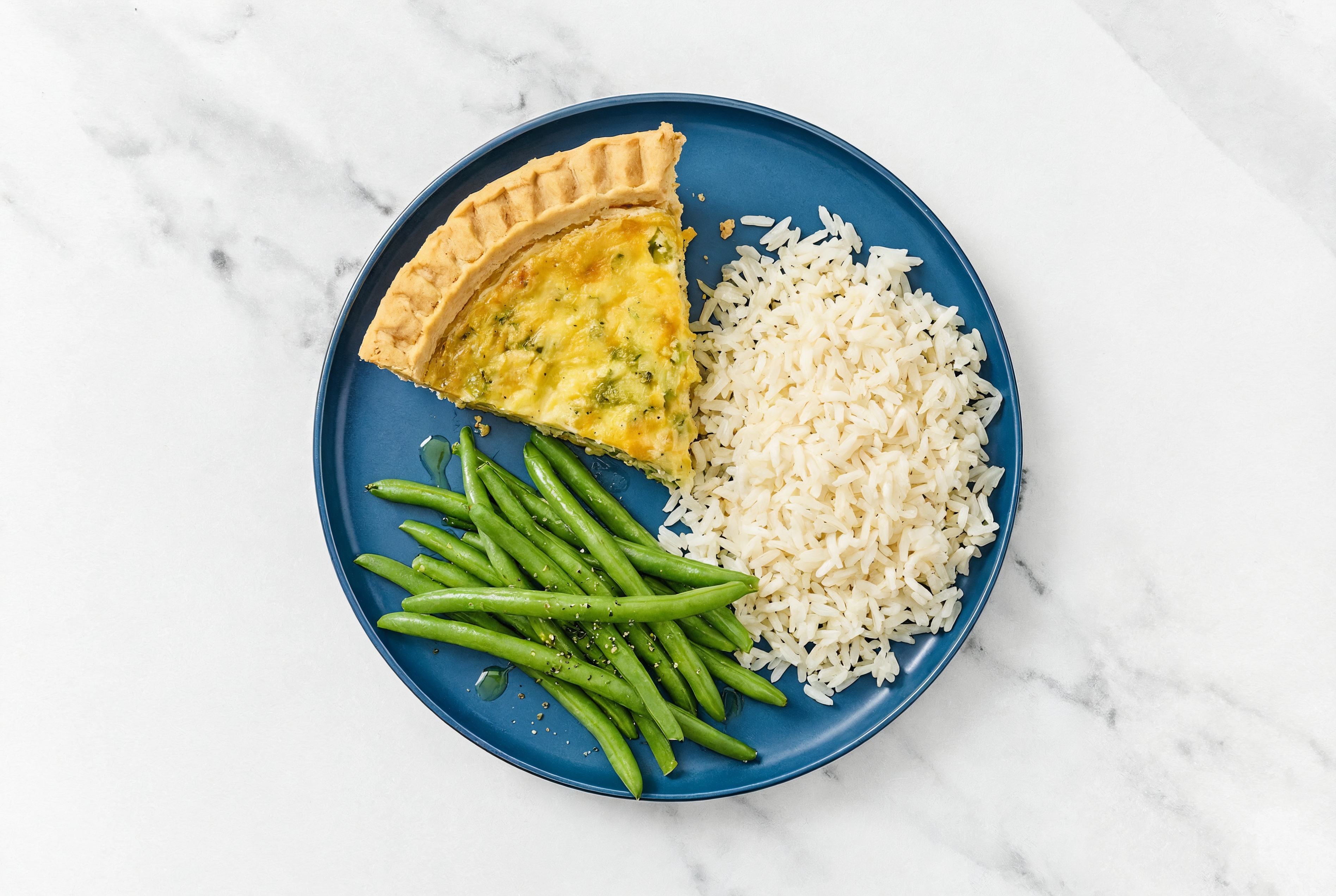 Broccoli & Cheddar Quiche with Green Beans & White Rice