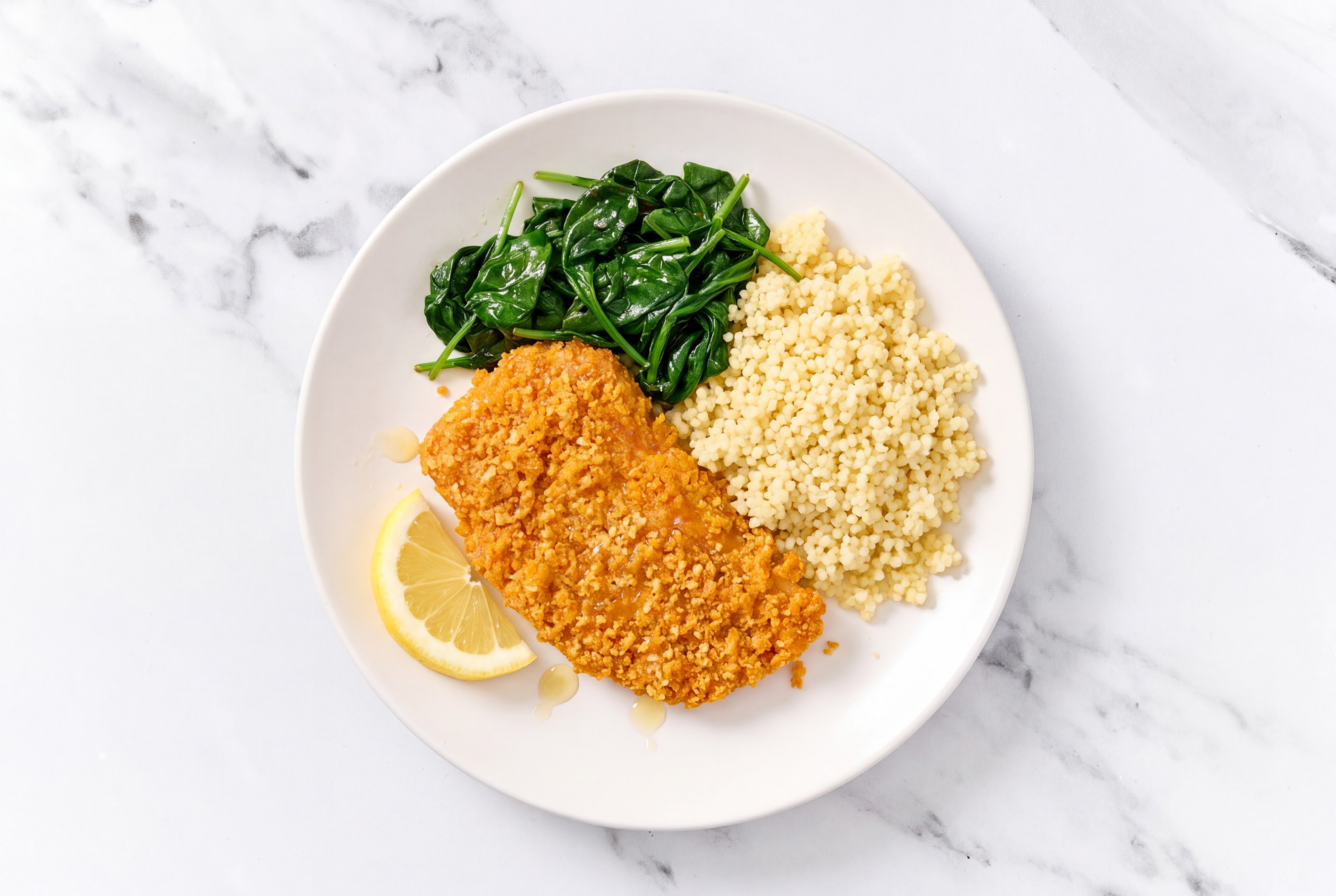 Lemon Hot Honey Breaded Chicken Cutlet with Baby Spinach & Couscous