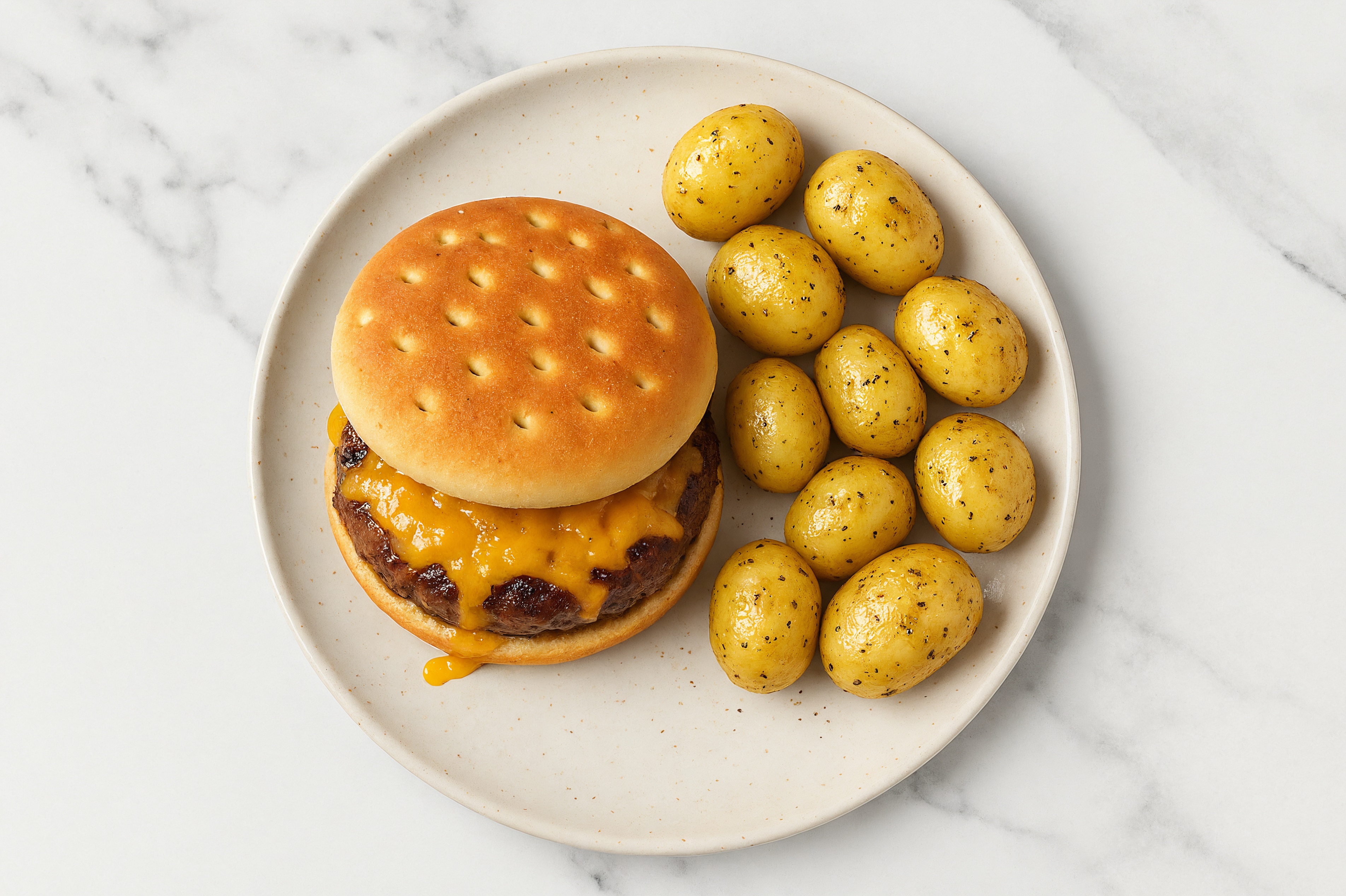Cheesy Beef Burger + Yellow Potatoes with Shredded Sharp Cheddar Cheese