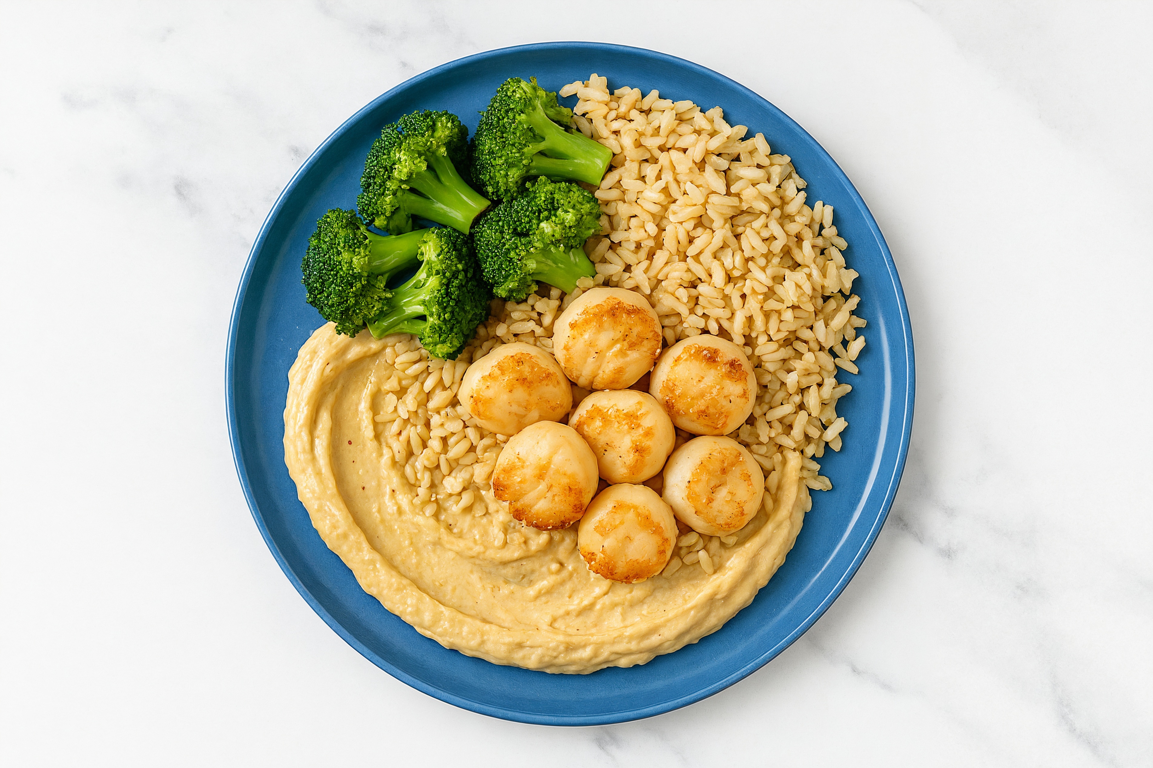 Scallop & Broccoli Grain Bowl with Onion Hummus