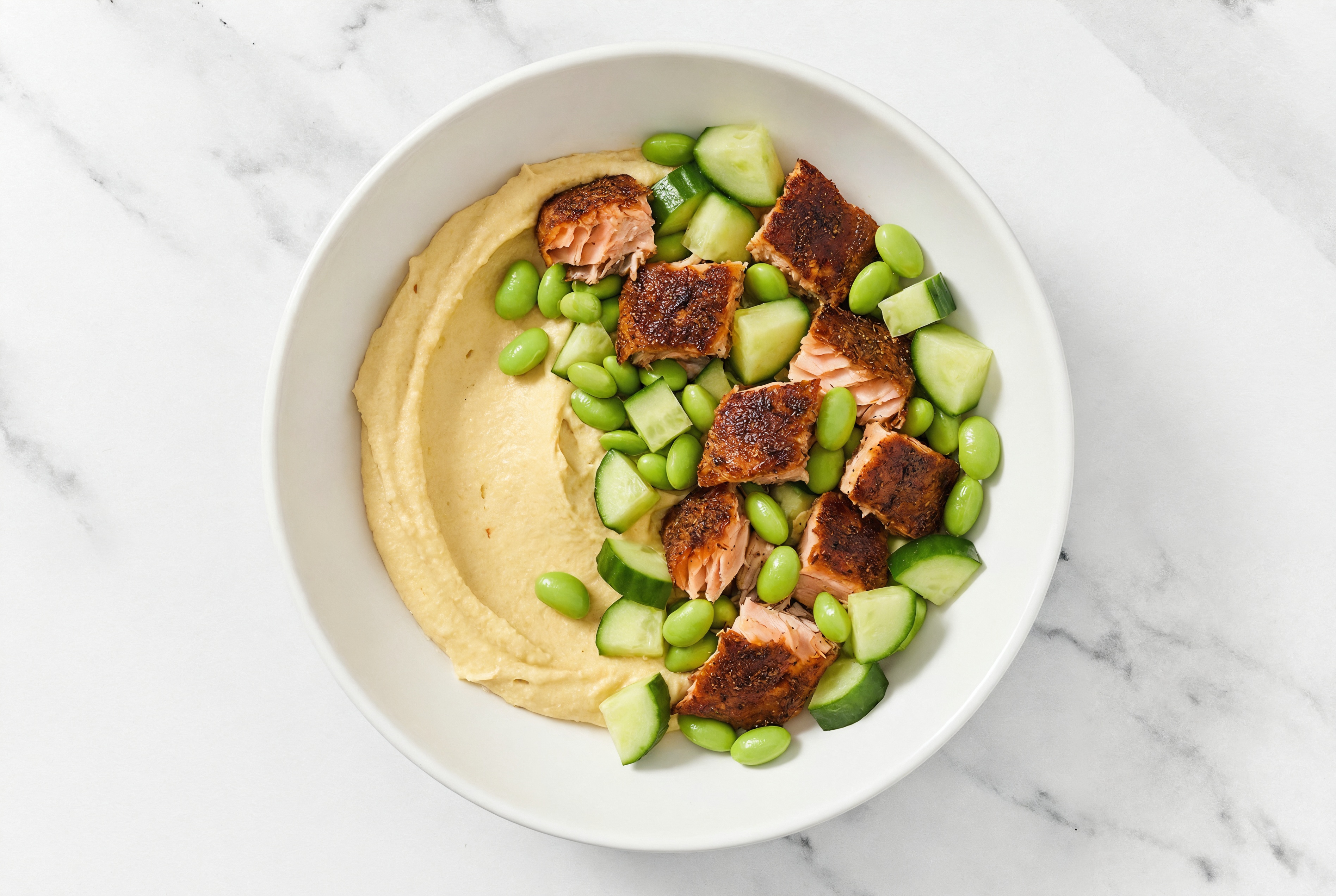 Blackened Salmon + Edamame Veggie Bowl with Olive Oil Sea Salt Hummus