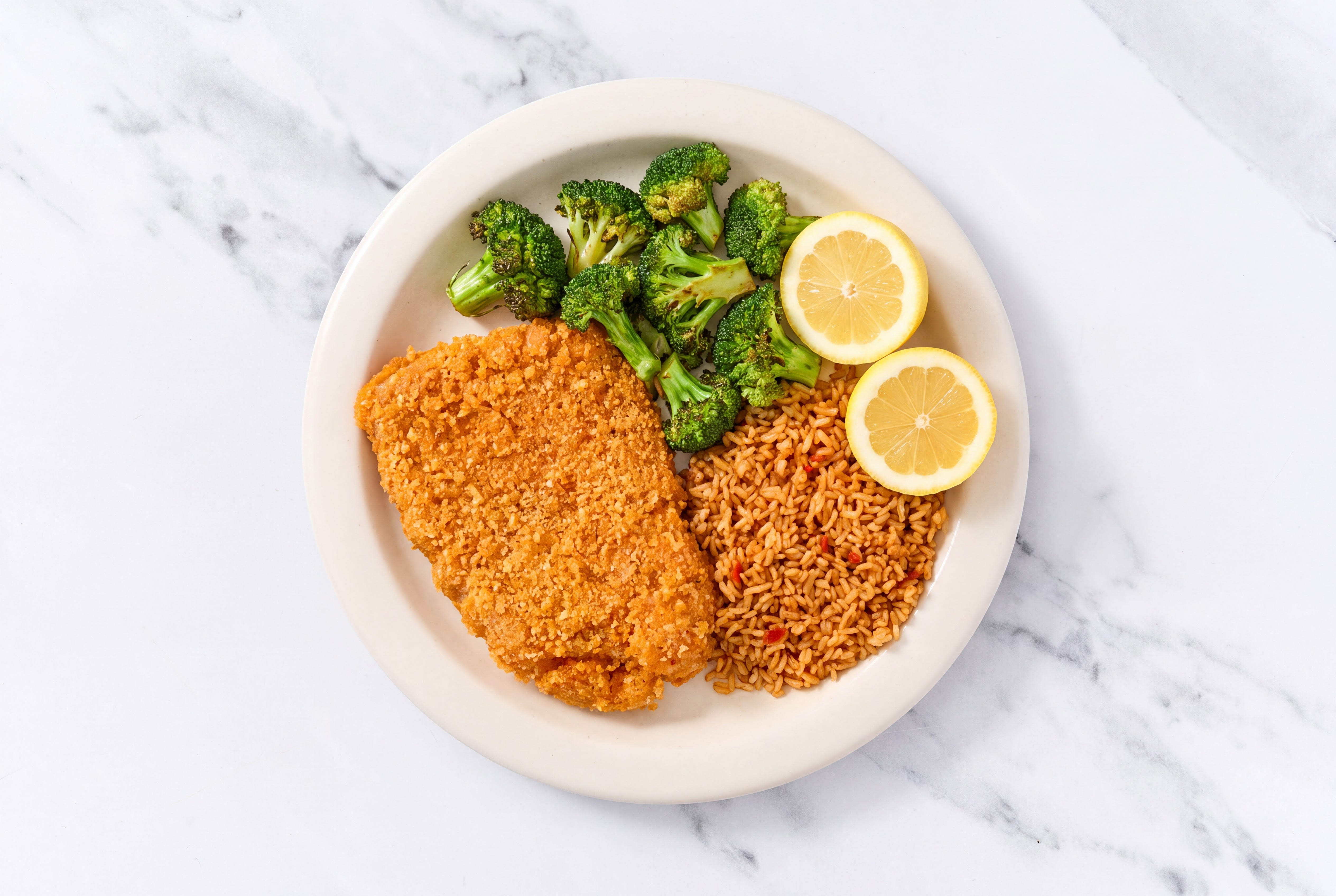 Lemon Hot Honey Breaded Chicken Cutlet with Broccoli & Mexican Rice