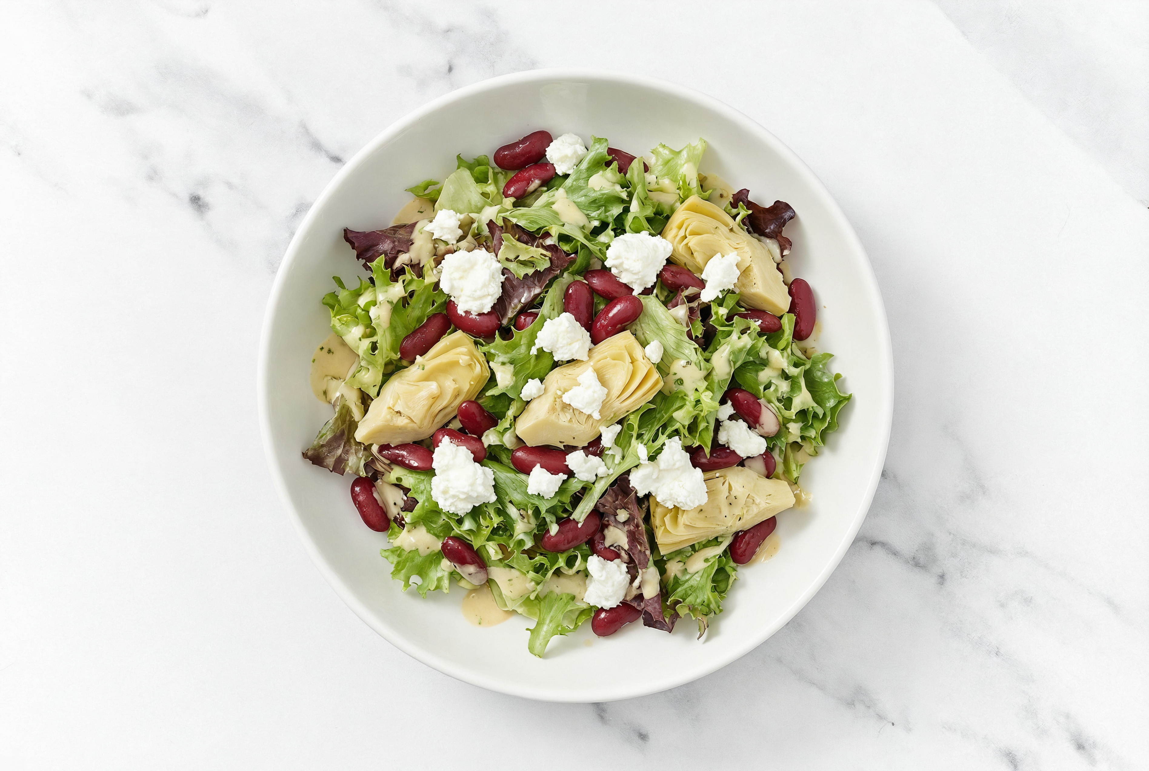 Mediterranean Salad with Artichoke Hearts, Sheep Cheese + Kidney Beans
