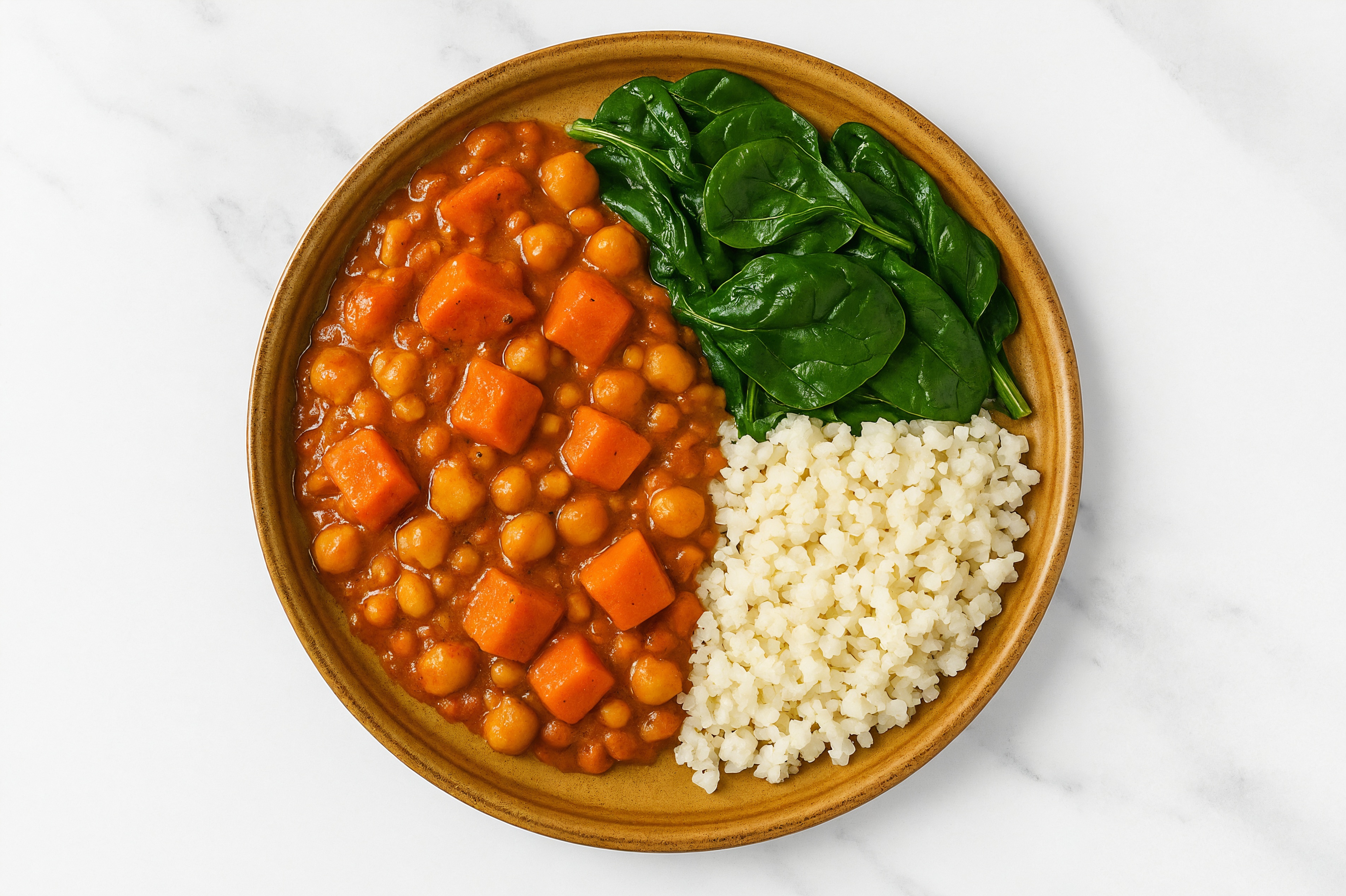 Sweet Potato Chickpea Tikka with Organic Spinach + Cauliflower Rice