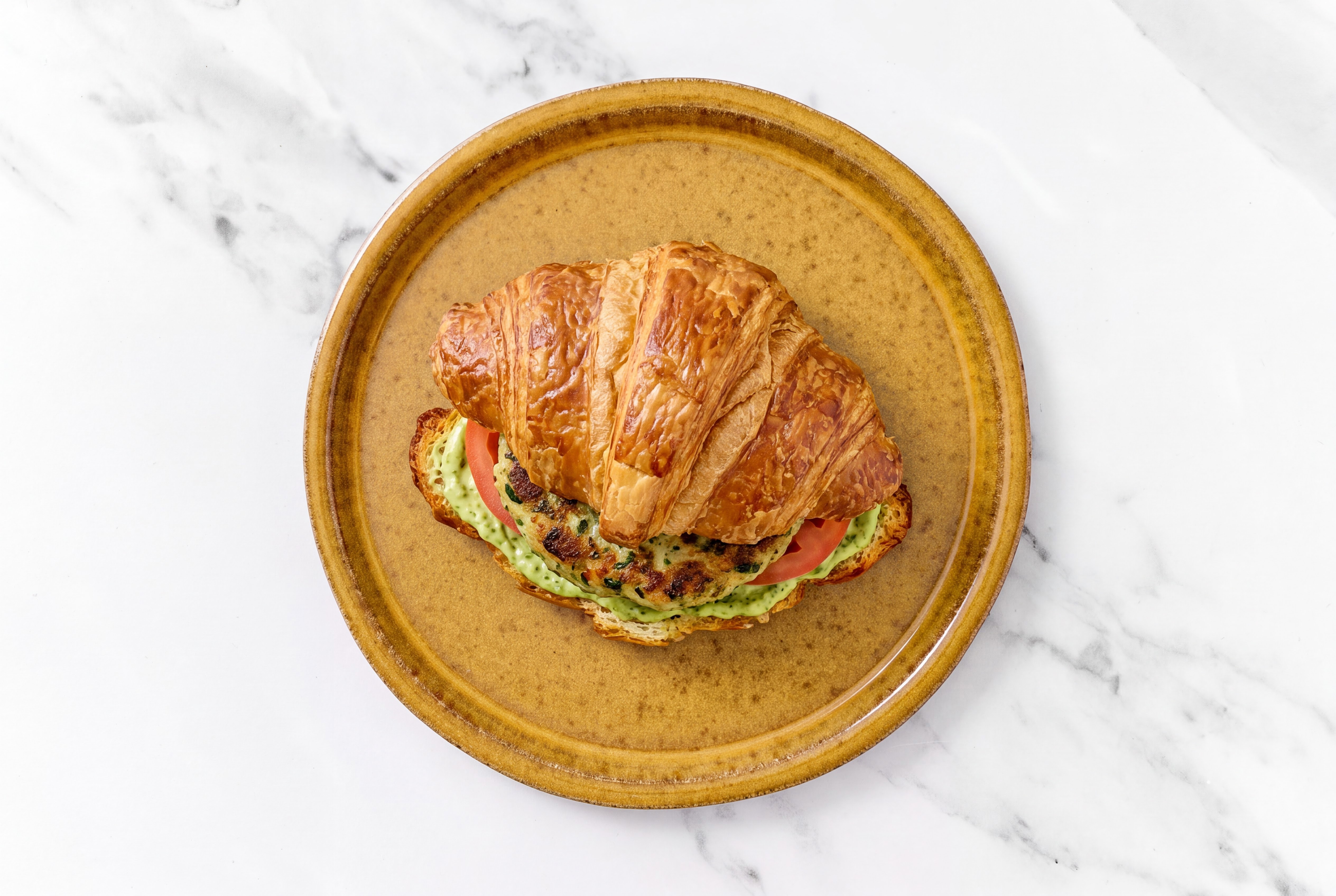 Feta Turkey Patties with Tomatoes + Pesto Aioli on Croissant Buns