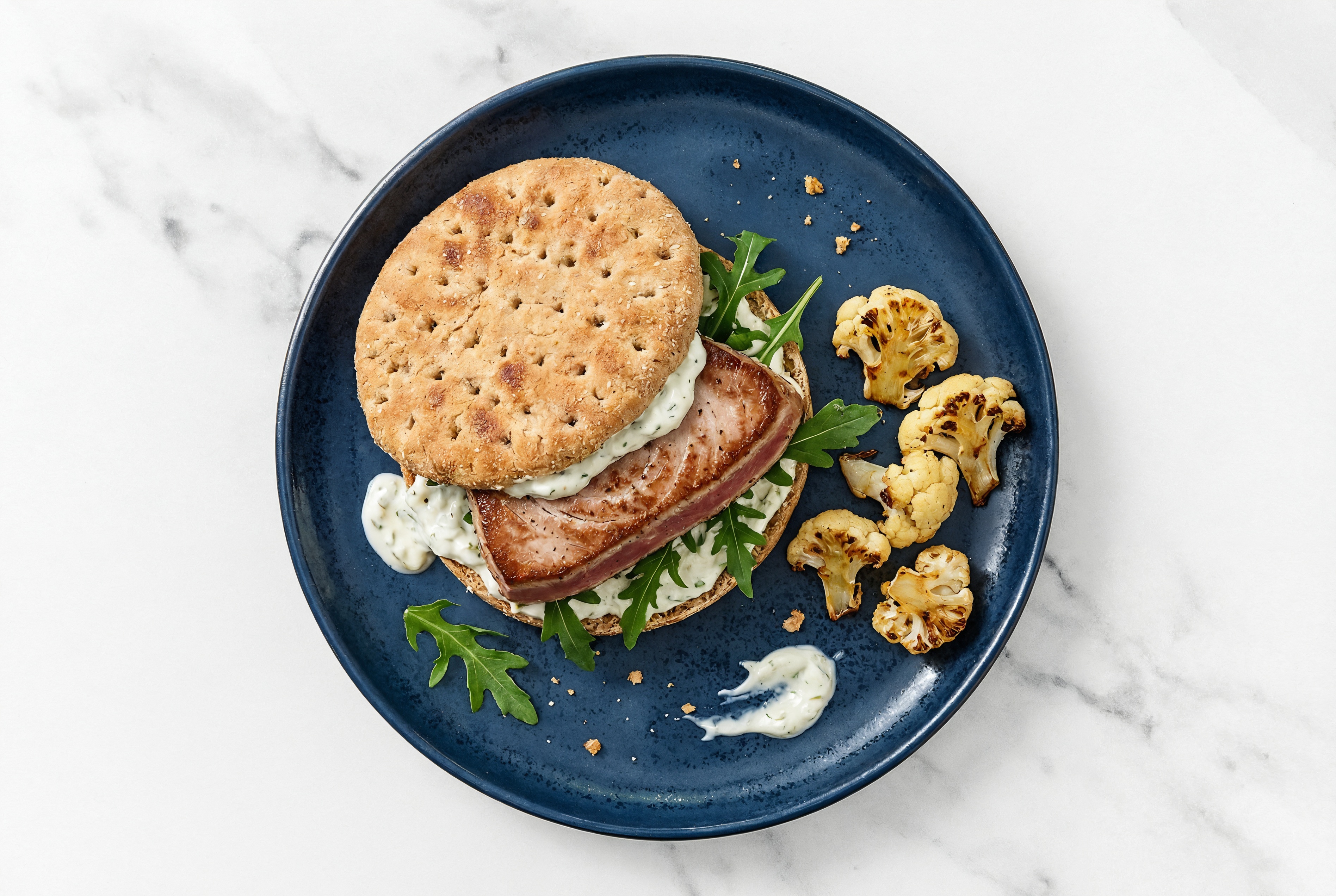 "Tzatziki" Tuna Sandwich on Multigrain with Arugula + Cauliflower Florets