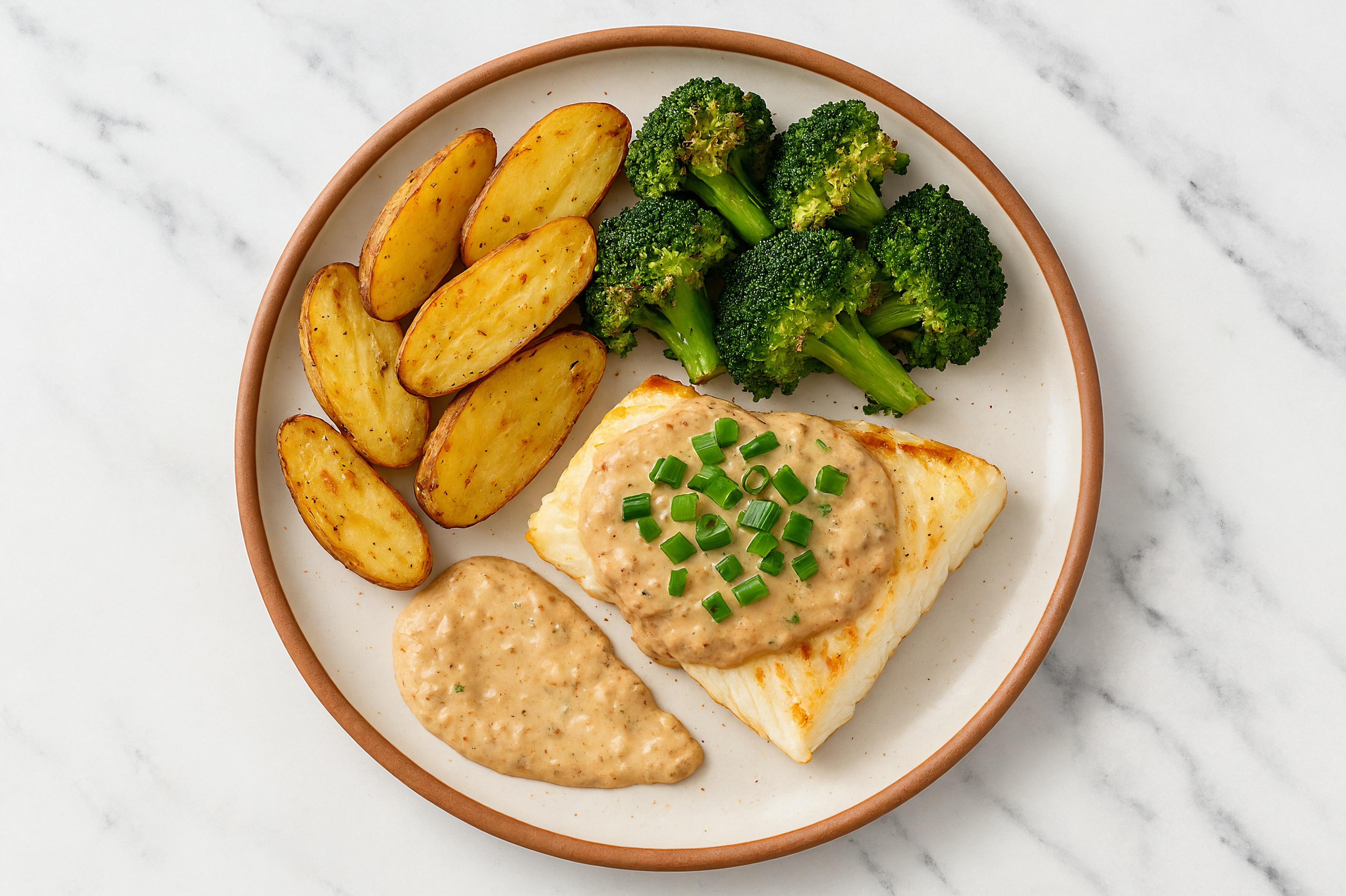 Herby Roasted French Onion Halibut + Veggies with Broccoli Florets