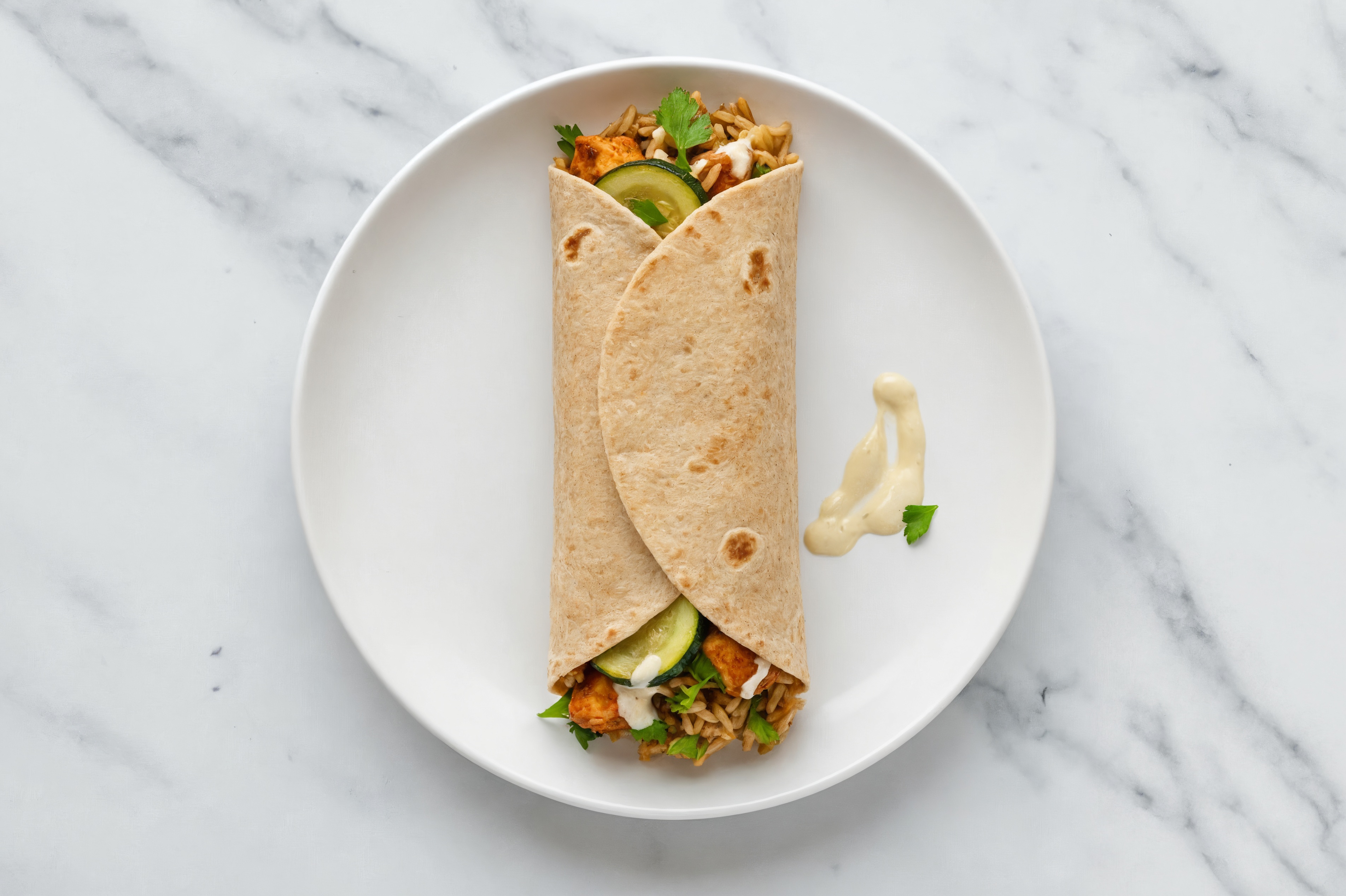 Big Mediterranean Wrap with Tandoori, Garlic Sauce, Brown Rice + Zucchini