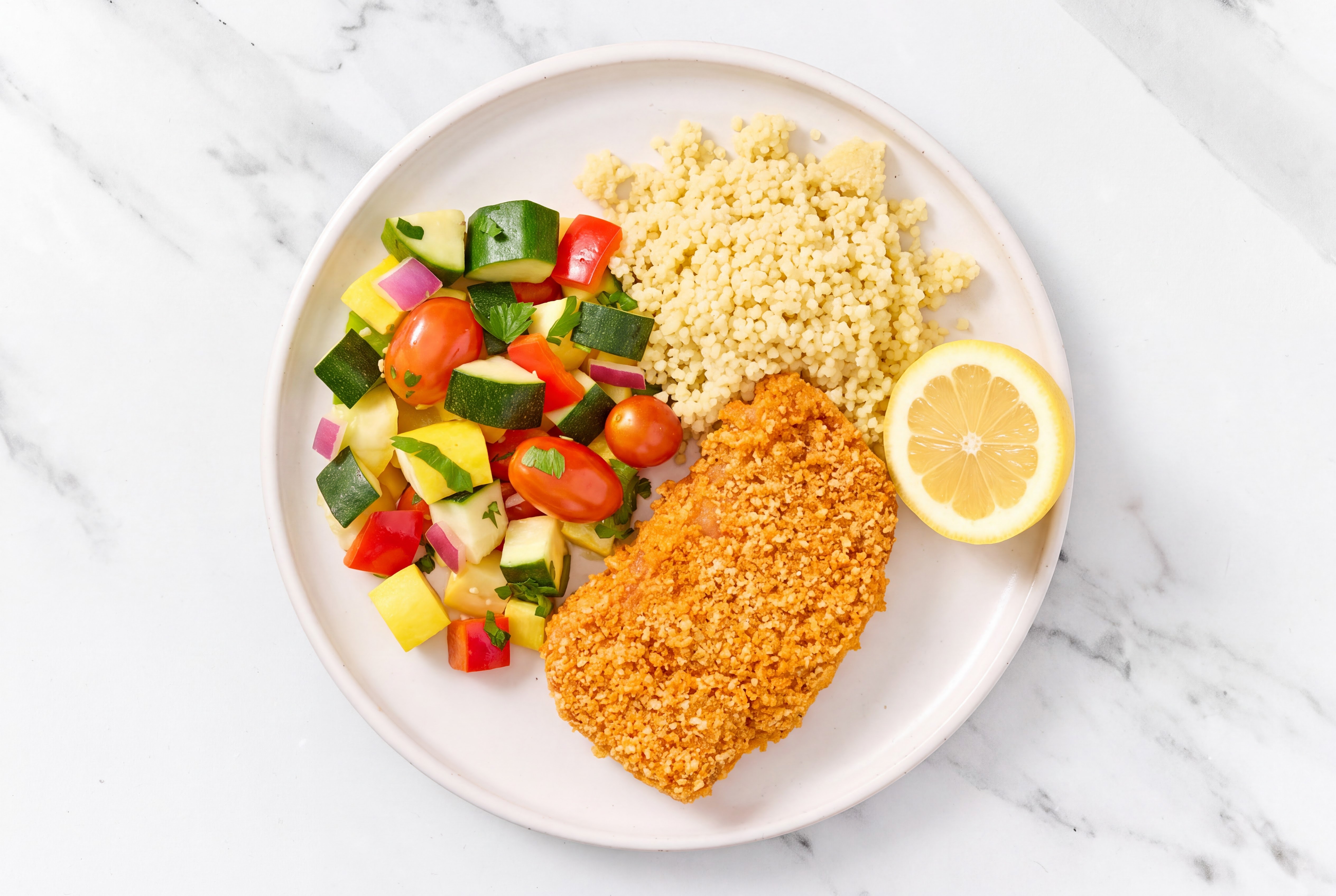Lemon Hot Honey Breaded Chicken Cutlet with Squash Skillet & Couscous