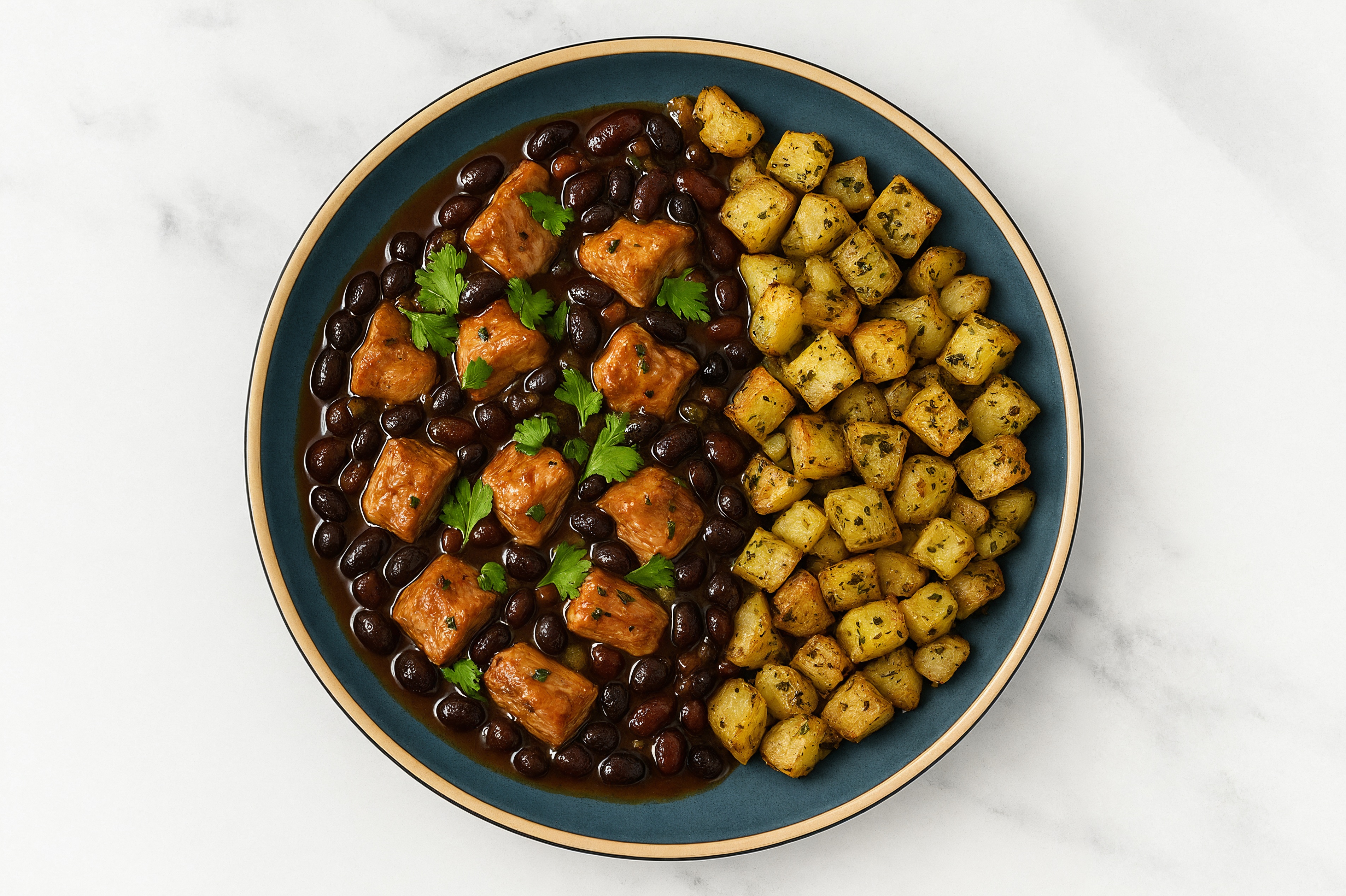 Cuban Smothered Pork 'n Beans + Crispy Herbed Potatoes