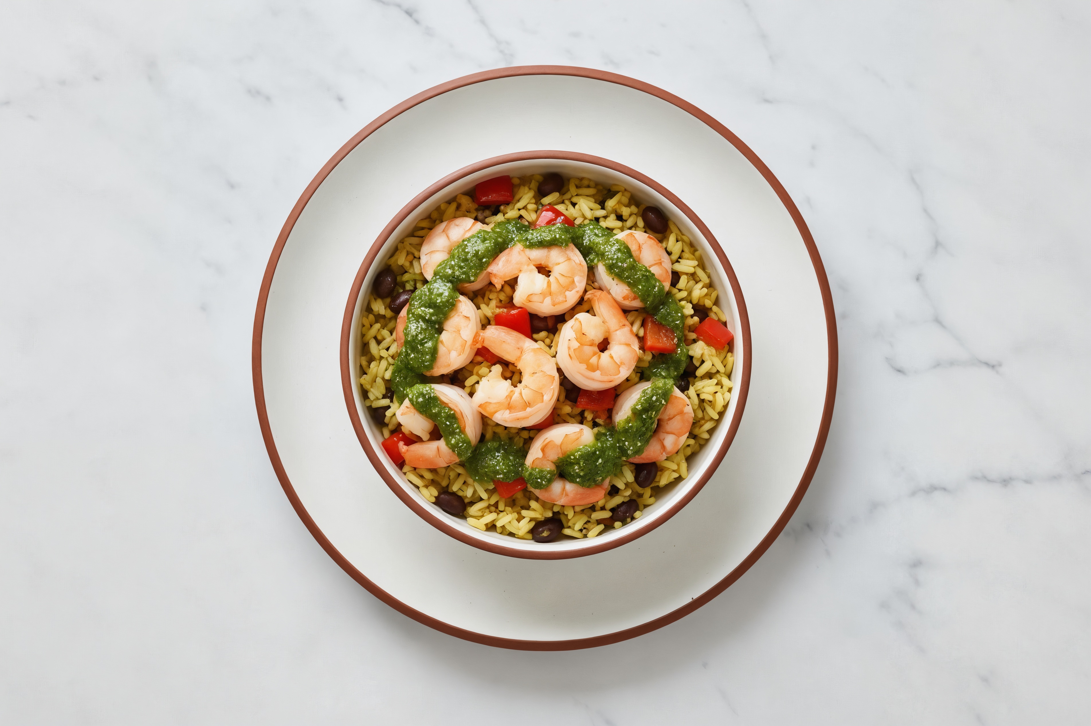 Herby Shrimp Fajita Rice with Beans Bowl with Classic Chimichurri