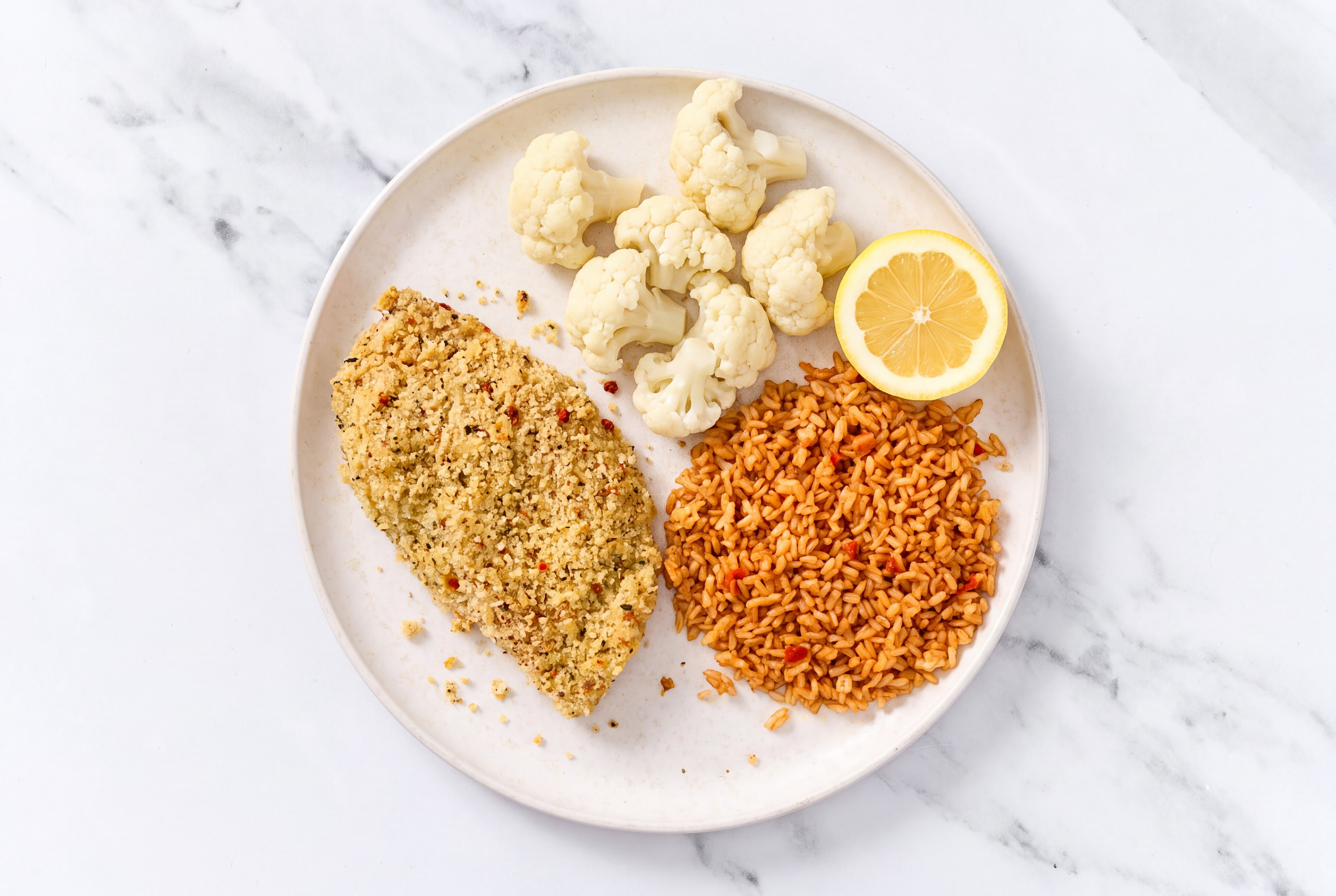 Lemon Parmesan Breaded Chicken Cutlet with Cauliflower Florets & Mexican Rice
