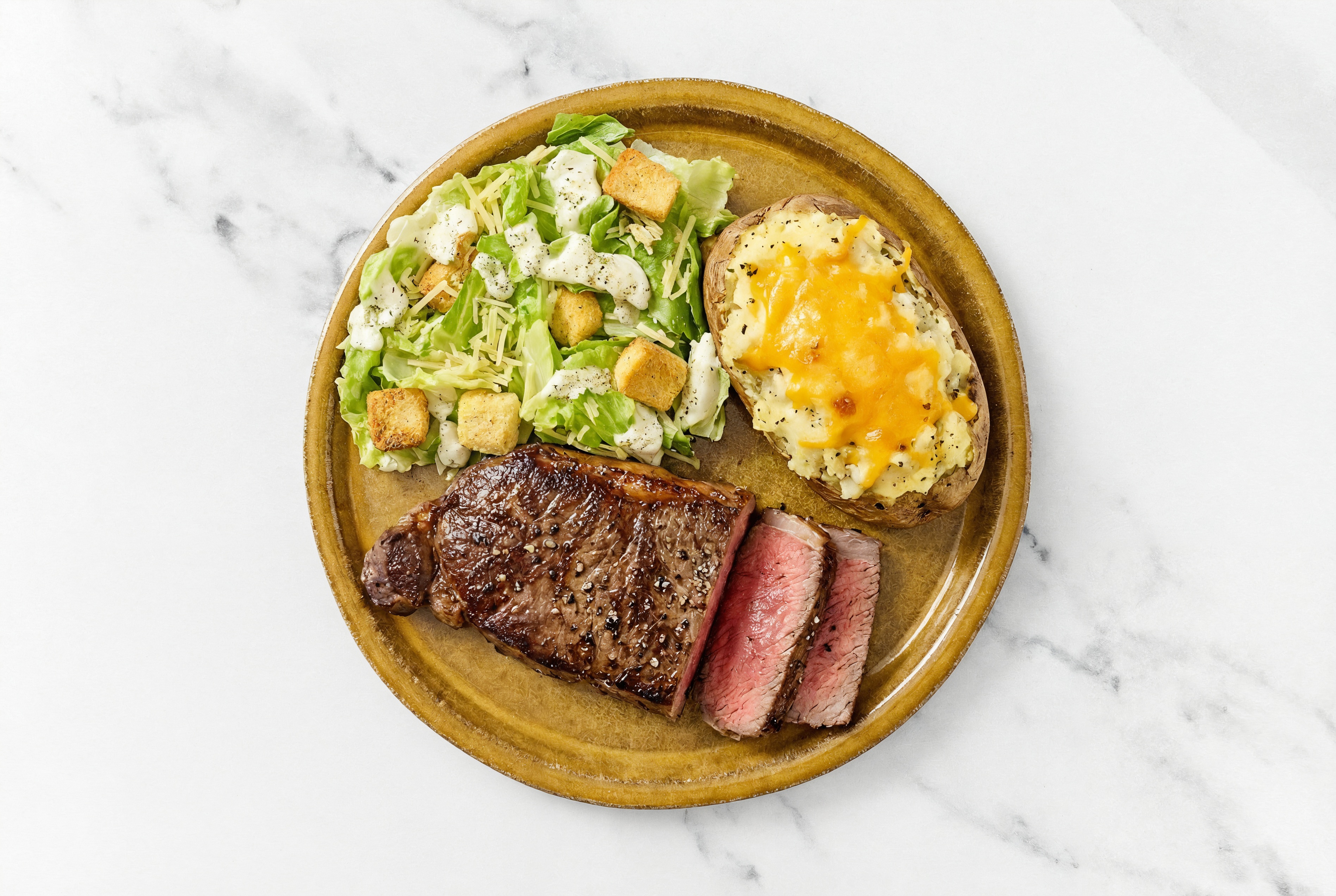 Strip Steak with Caesar Salad + Twice-Baked Potato with Shredded Sharp Cheddar Cheese
