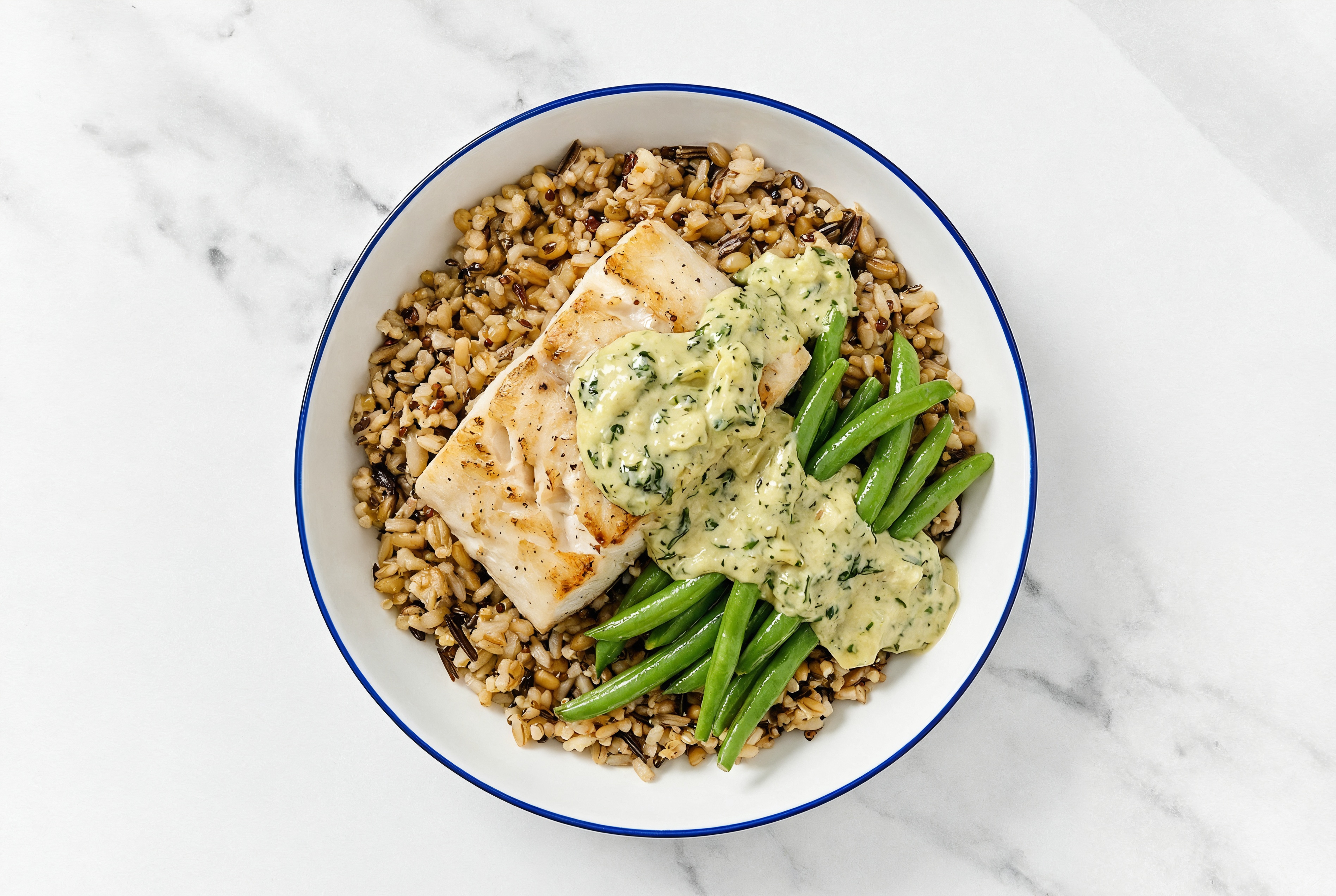 Barramundi & Green Bean Grain Bowl with Spinach Artichoke