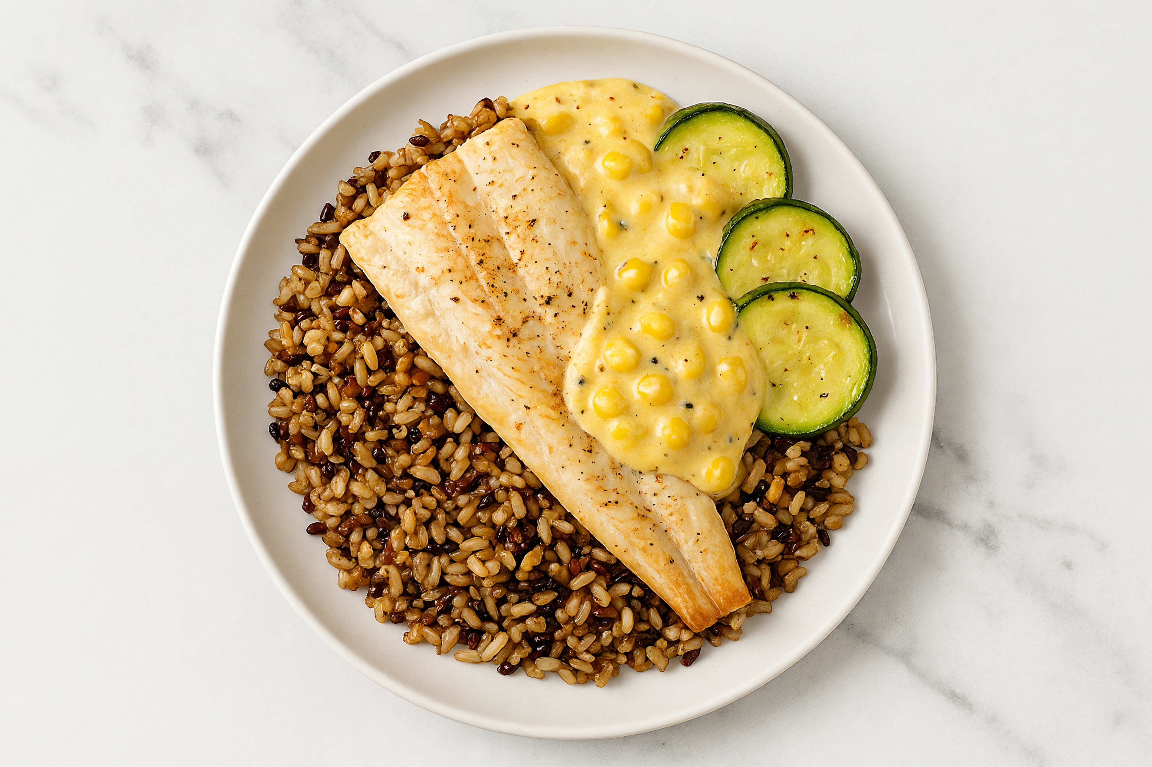 Street Corn Trout + Seven Grain Bowl with Fresh Zucchini