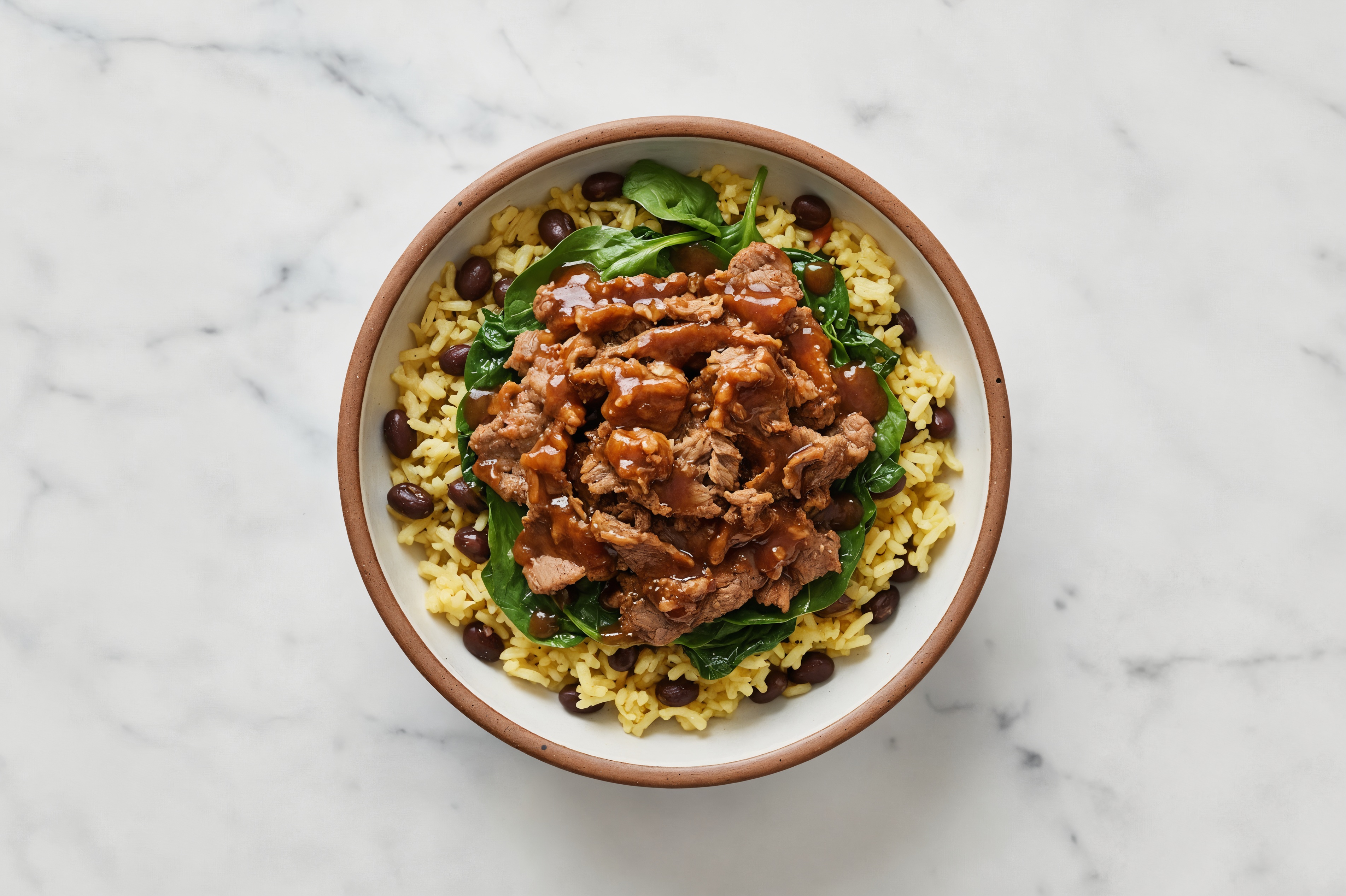 Honey Garlic Beef with Spinach +  Rice with Beans