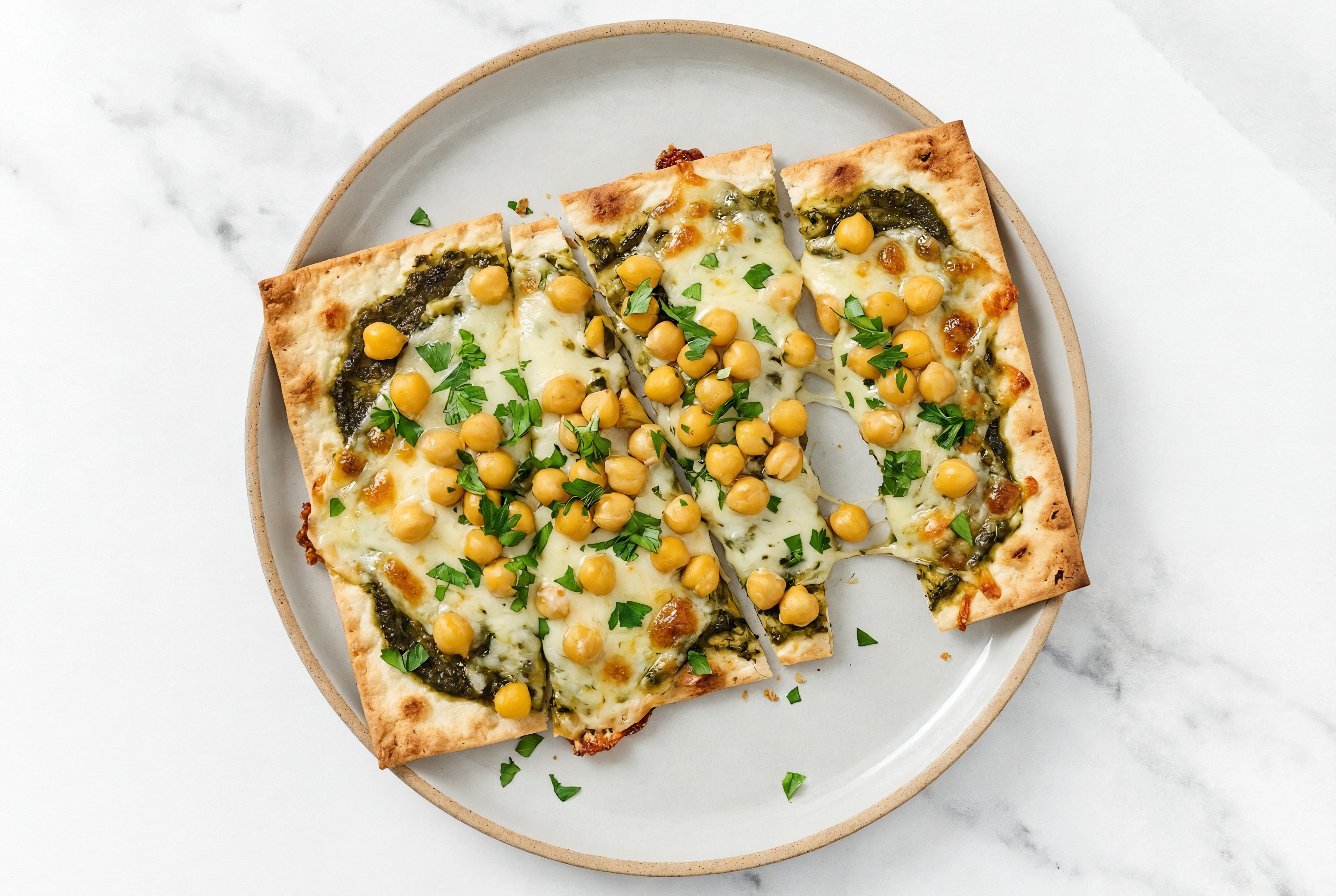Saag Sauce Chickpea Lavash Pizza with Mild Havarti + Fresh Parsley