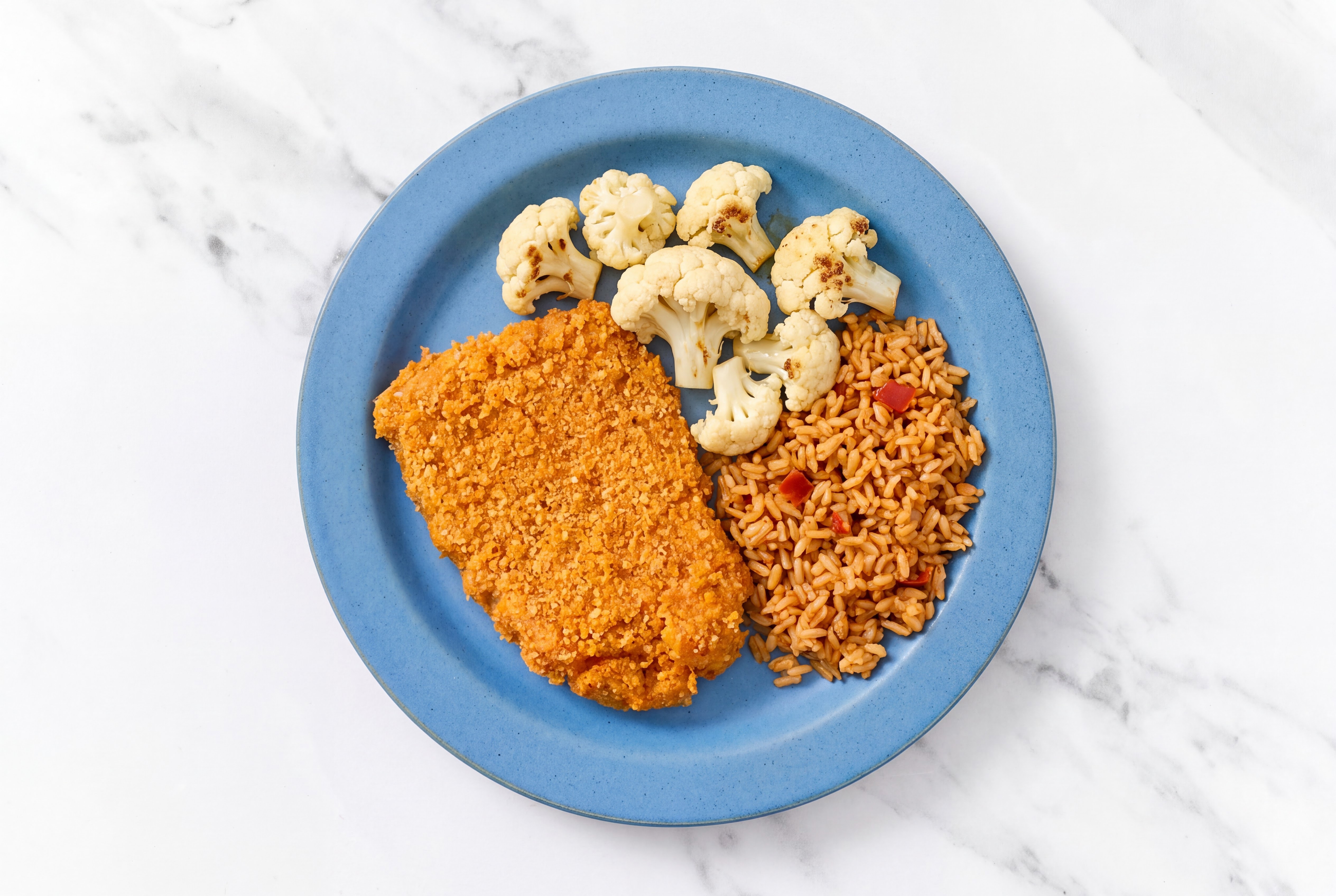Hot Honey Breaded Chicken Cutlet with Cauliflower Florets & Mexican Rice