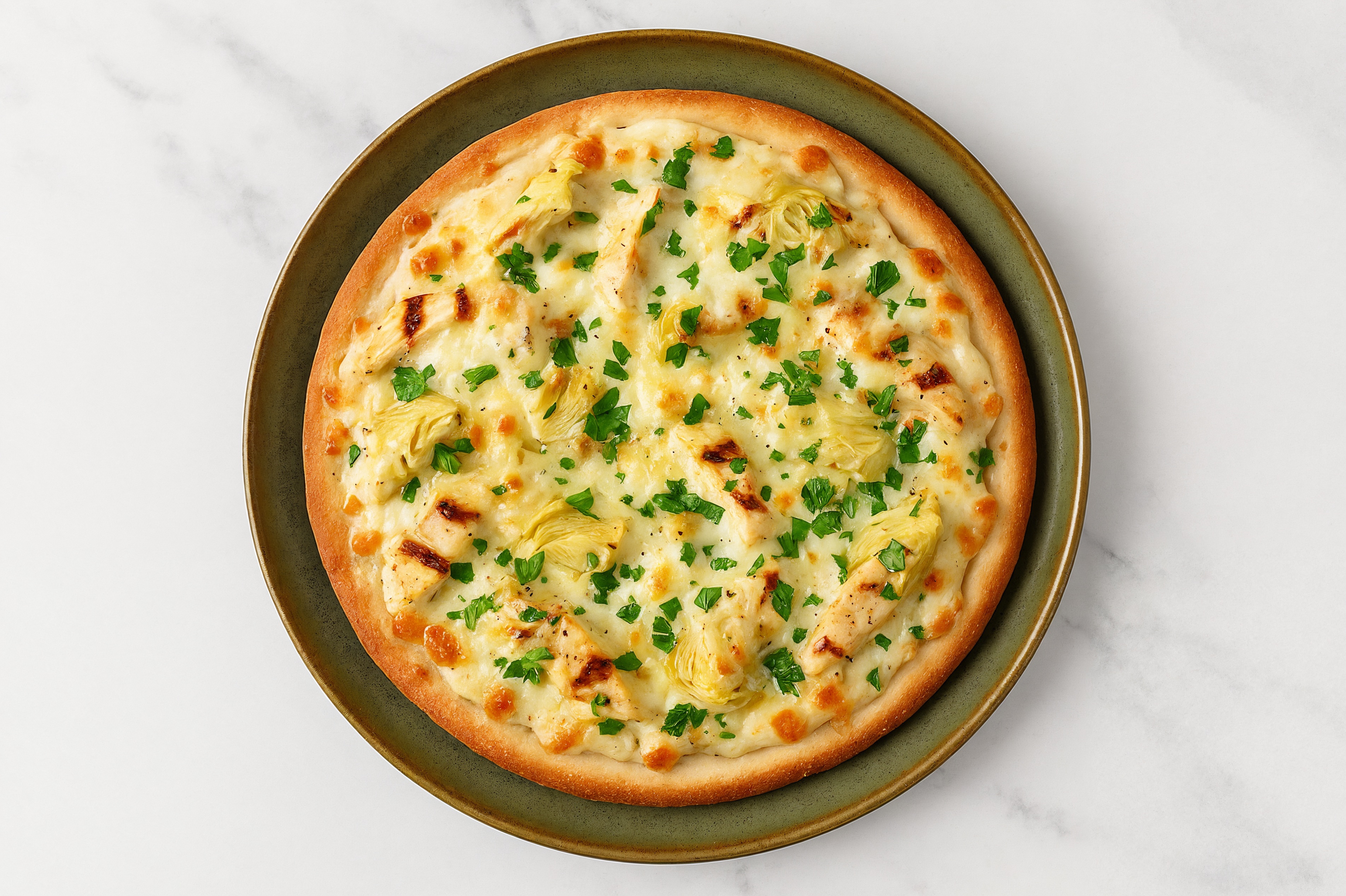 Cheesy Grilled Chicken + Artichoke Gluten-Free Pizza with Parsley