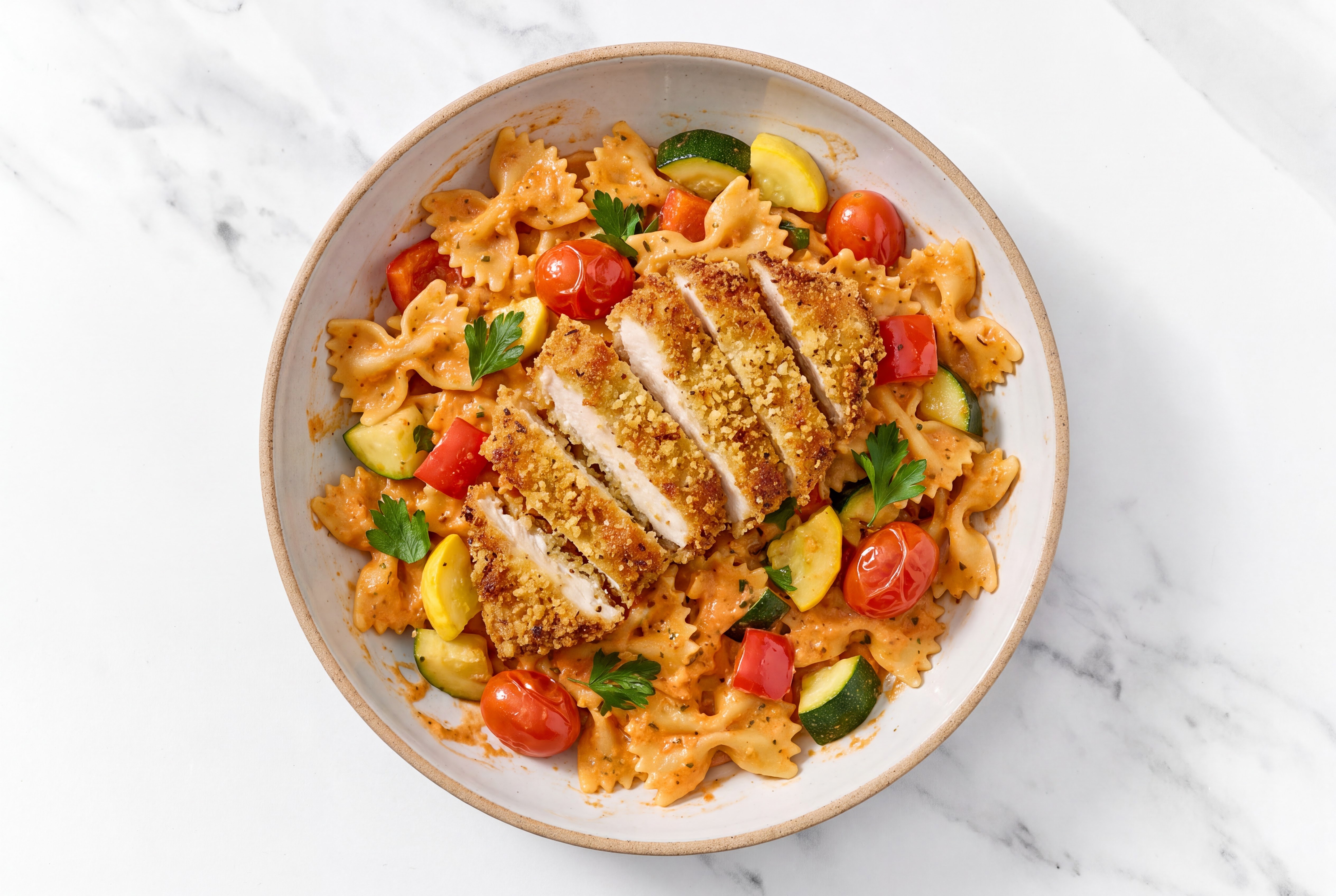 Crispy Garlic Chicken over Creamy Vodka Farfalle with Mixed Veggies