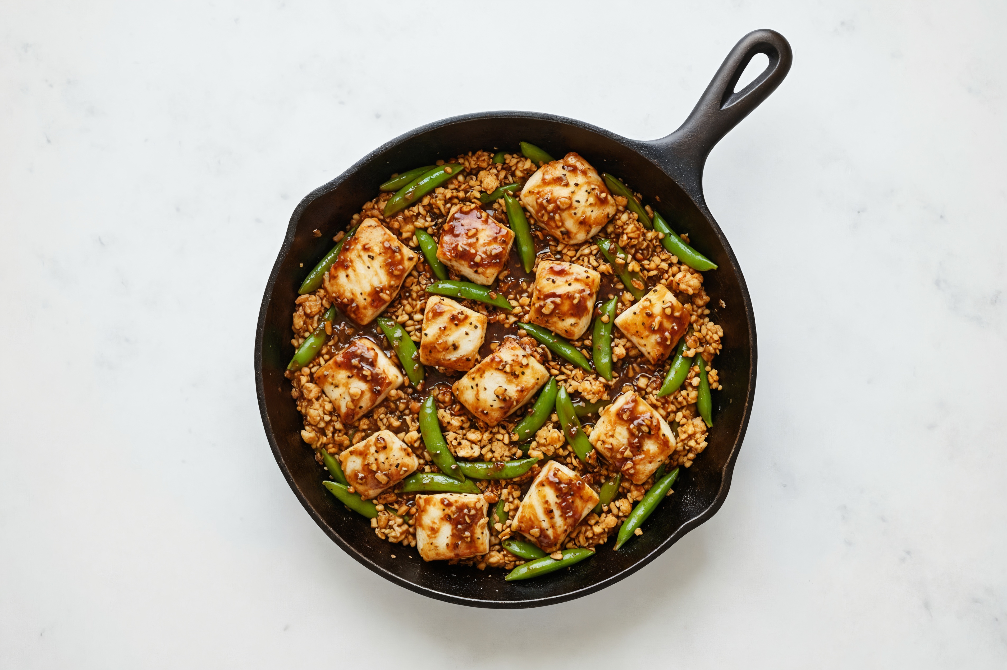 Sweet + Sour Pea Snap + Wild Halibut Stir-Fry with Riced Cauliflower