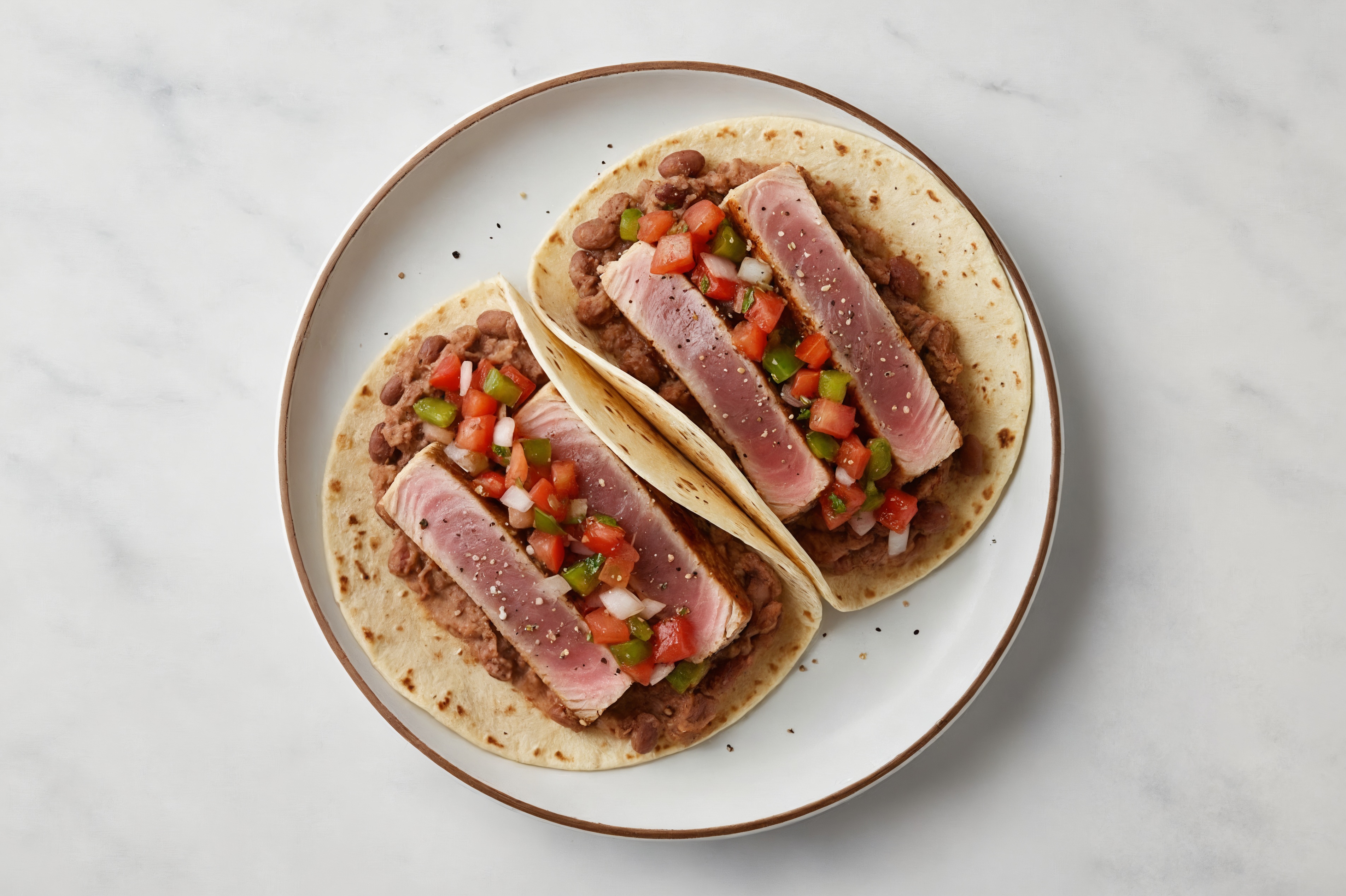 Hearty Refried Red Bean Tacos with Seared Tuna & Pico De Gallo