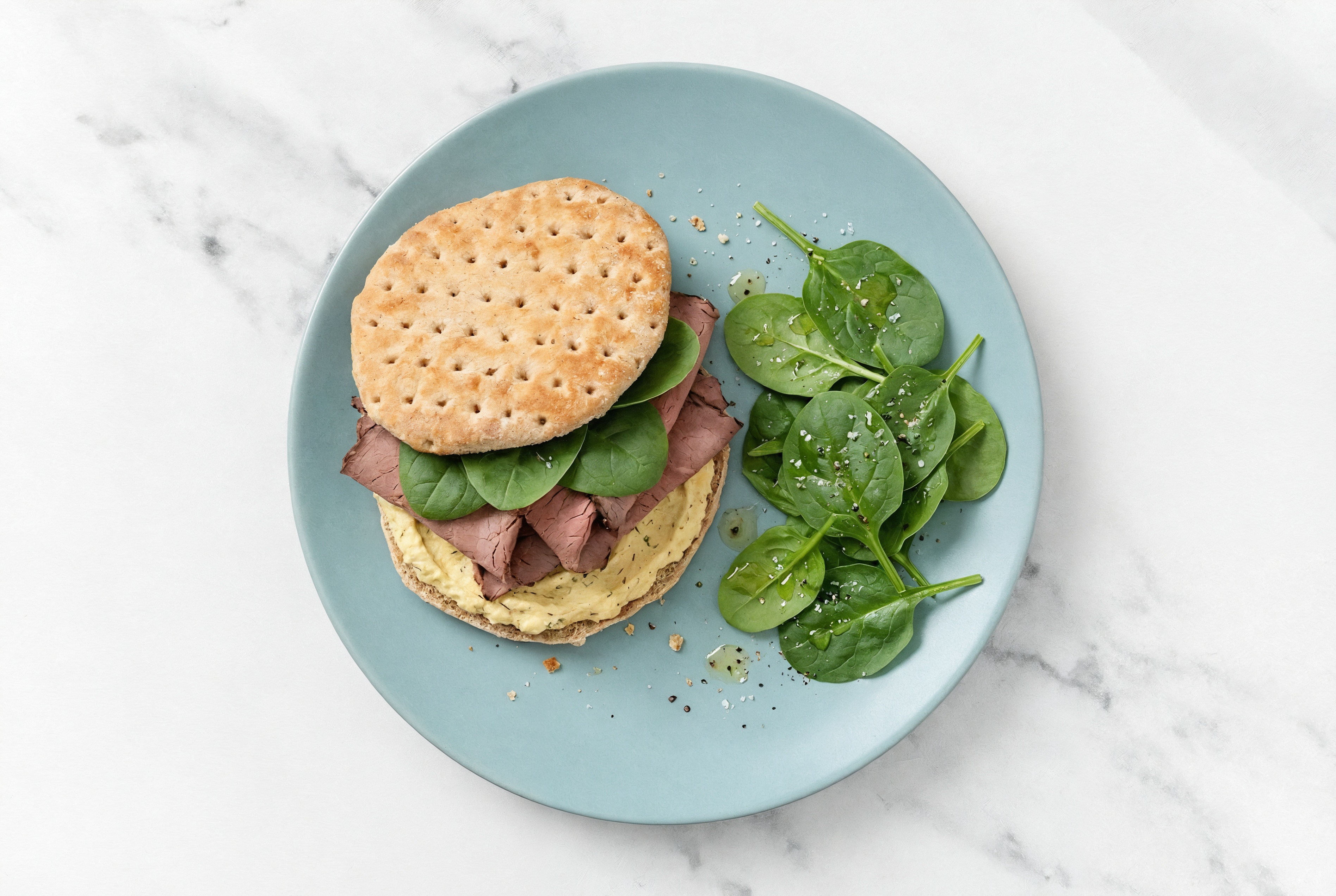 Lemony Hummus Roast Beef Sandwich with Baby Spinach