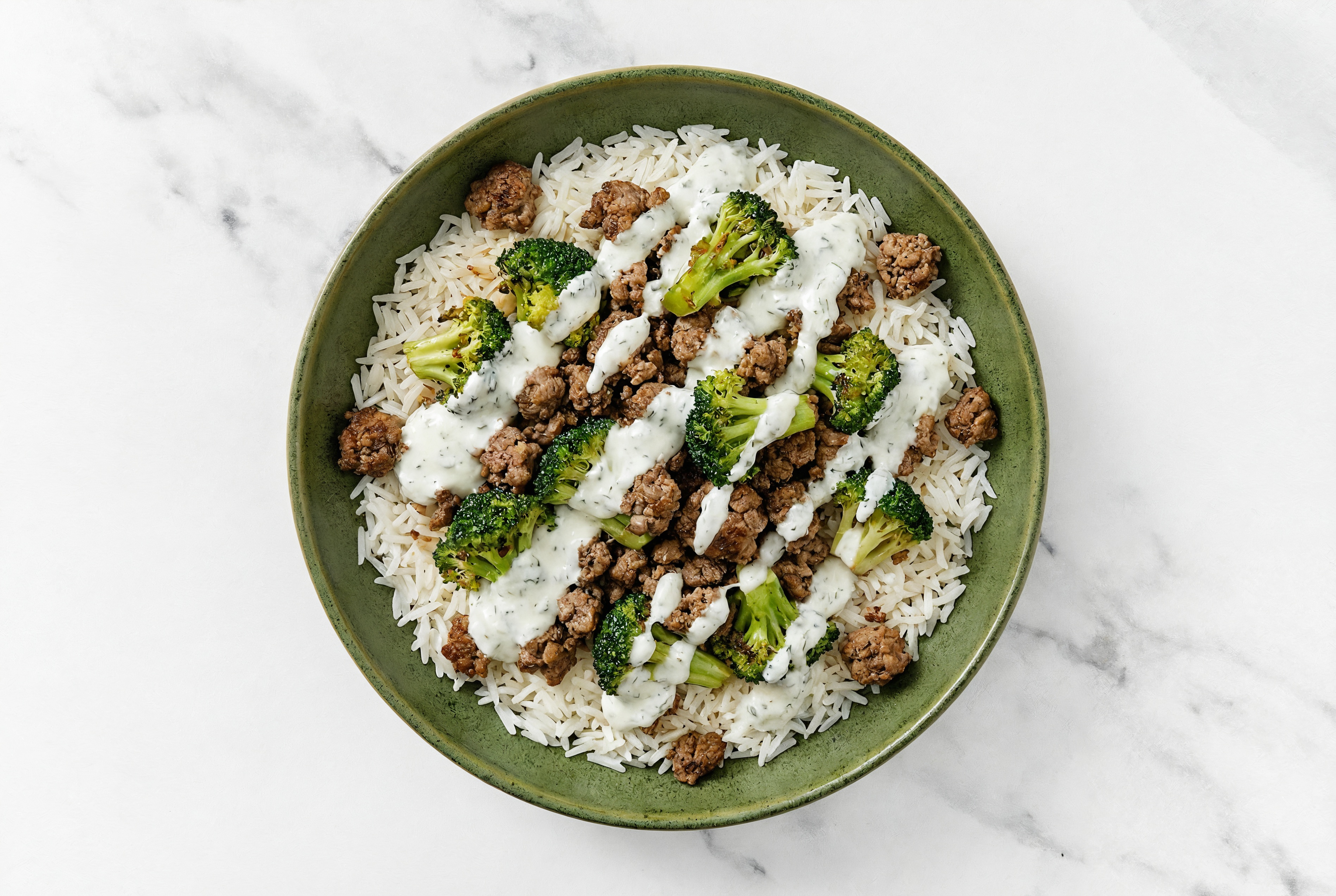Ground Bison & Broccoli Grain Bowl with Dairy-Free Tzatziki