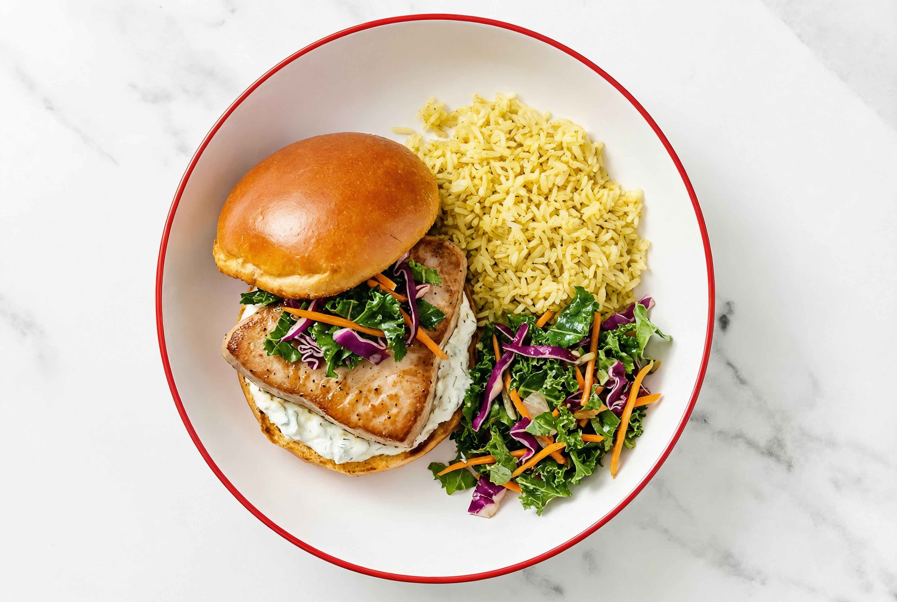 Tzatziki Tuna Sandwich on Brioche with Rainbow Veggies + Jasmine Rice