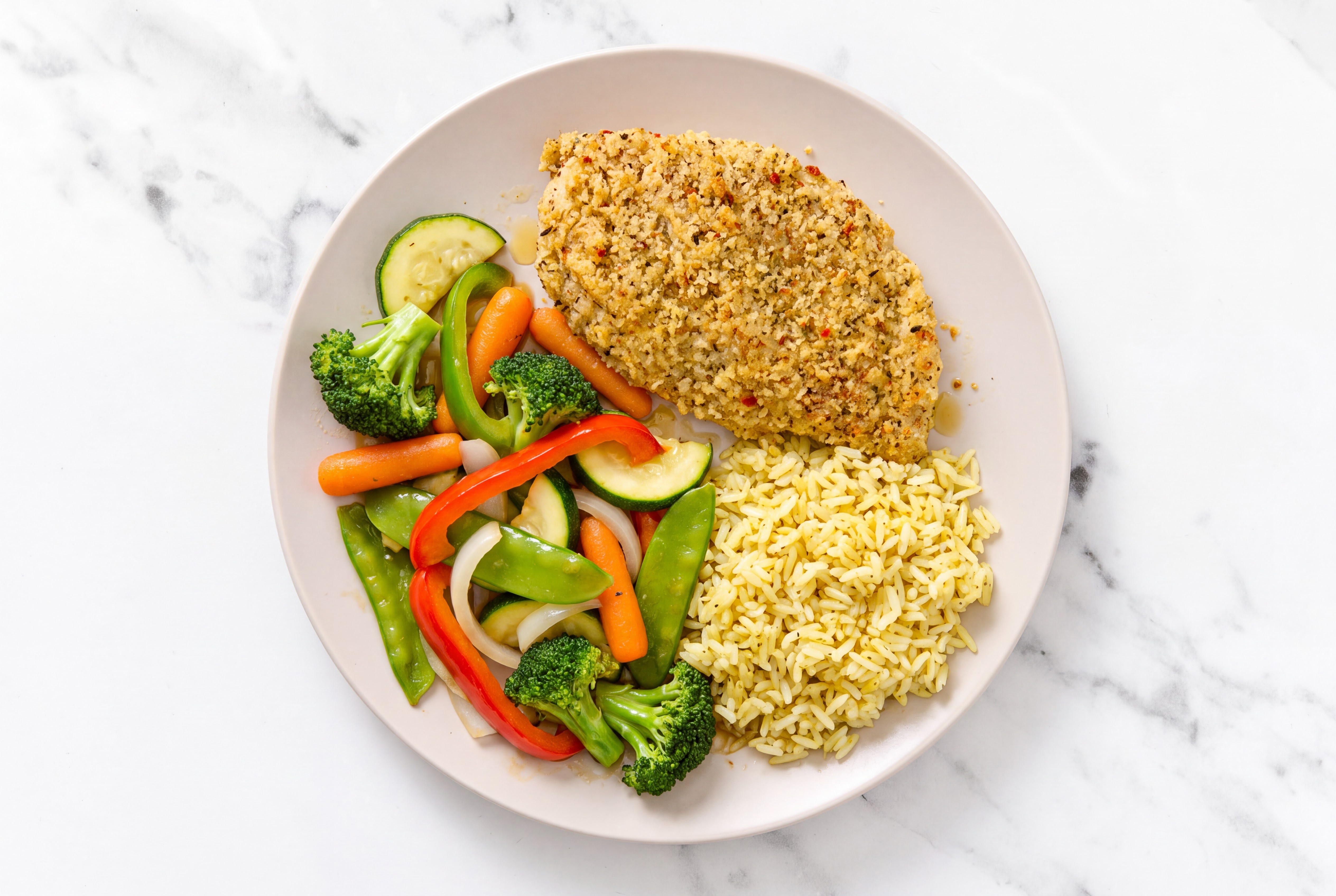 Parmesan Breaded Chicken Cutlet with Mixed Veggies & Jasmine Rice