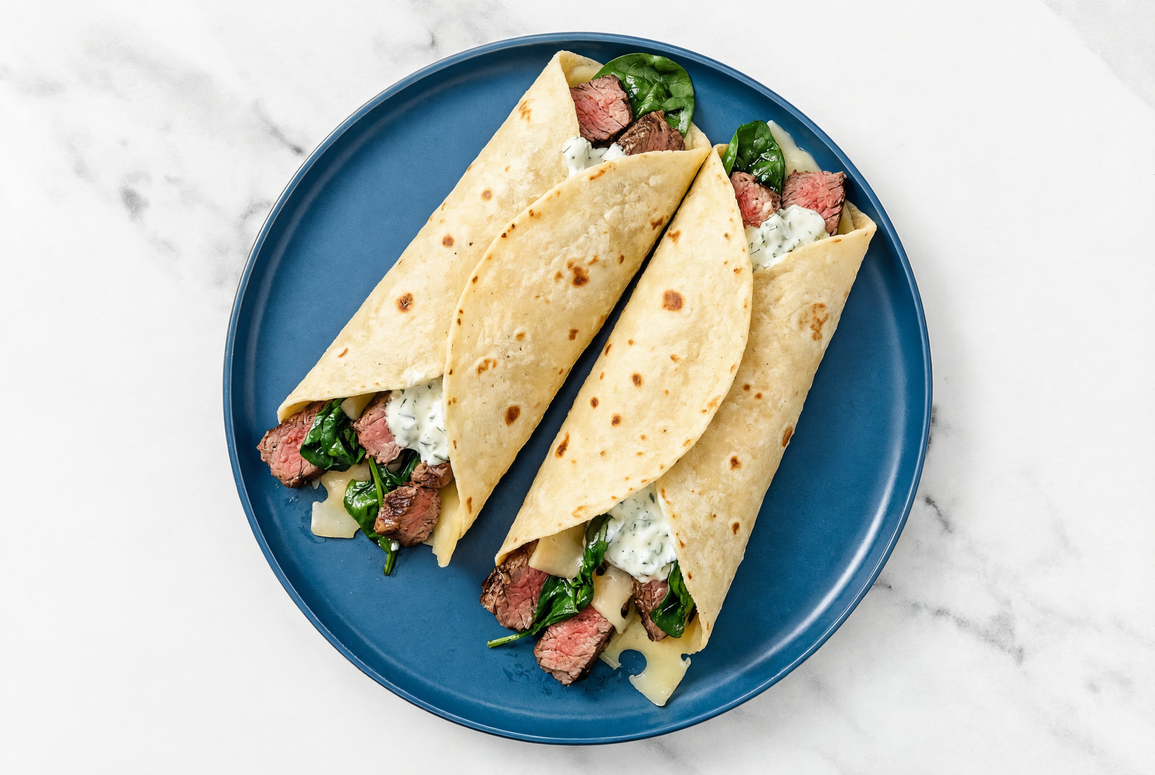 Creamy Sliced Steak + Swiss Tortilla Wraps with Spinach