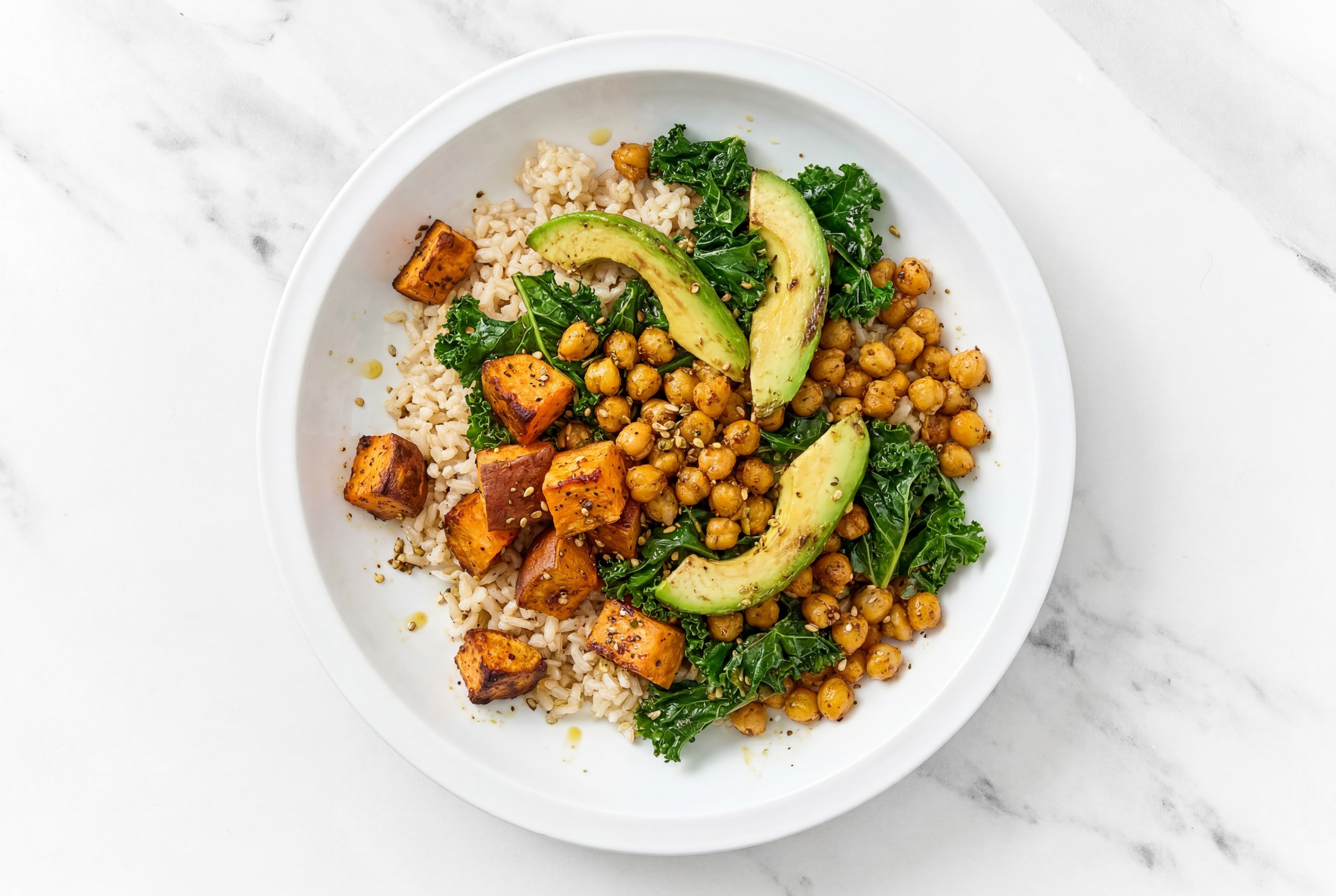 Za'atar Chickpea Japanese Sweet Potato Bowl with Kale + Avocado