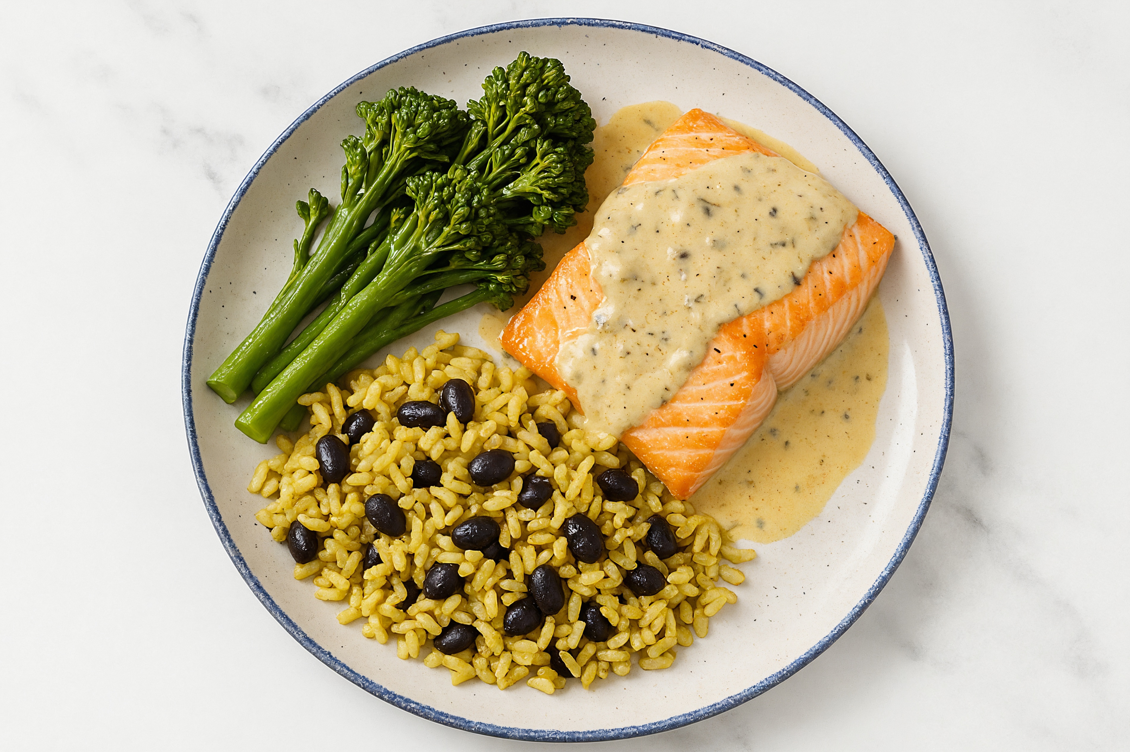 Creamy Truffle Salmon + Baby Broccoli with Seasoned White Rice + Black Beans