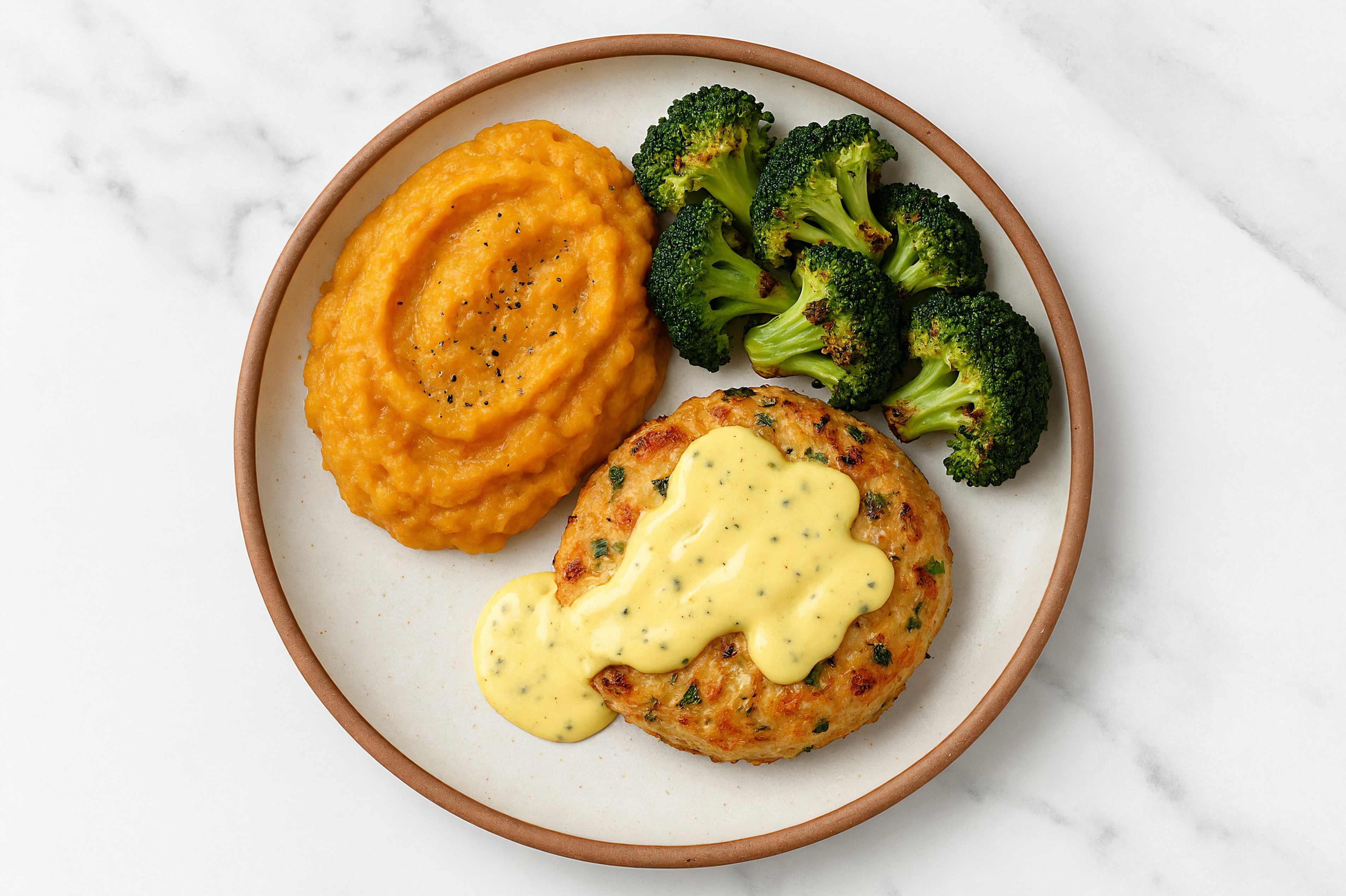 Herby Honey Mustard Snow Crab Cakes with Sweet Potato Mash