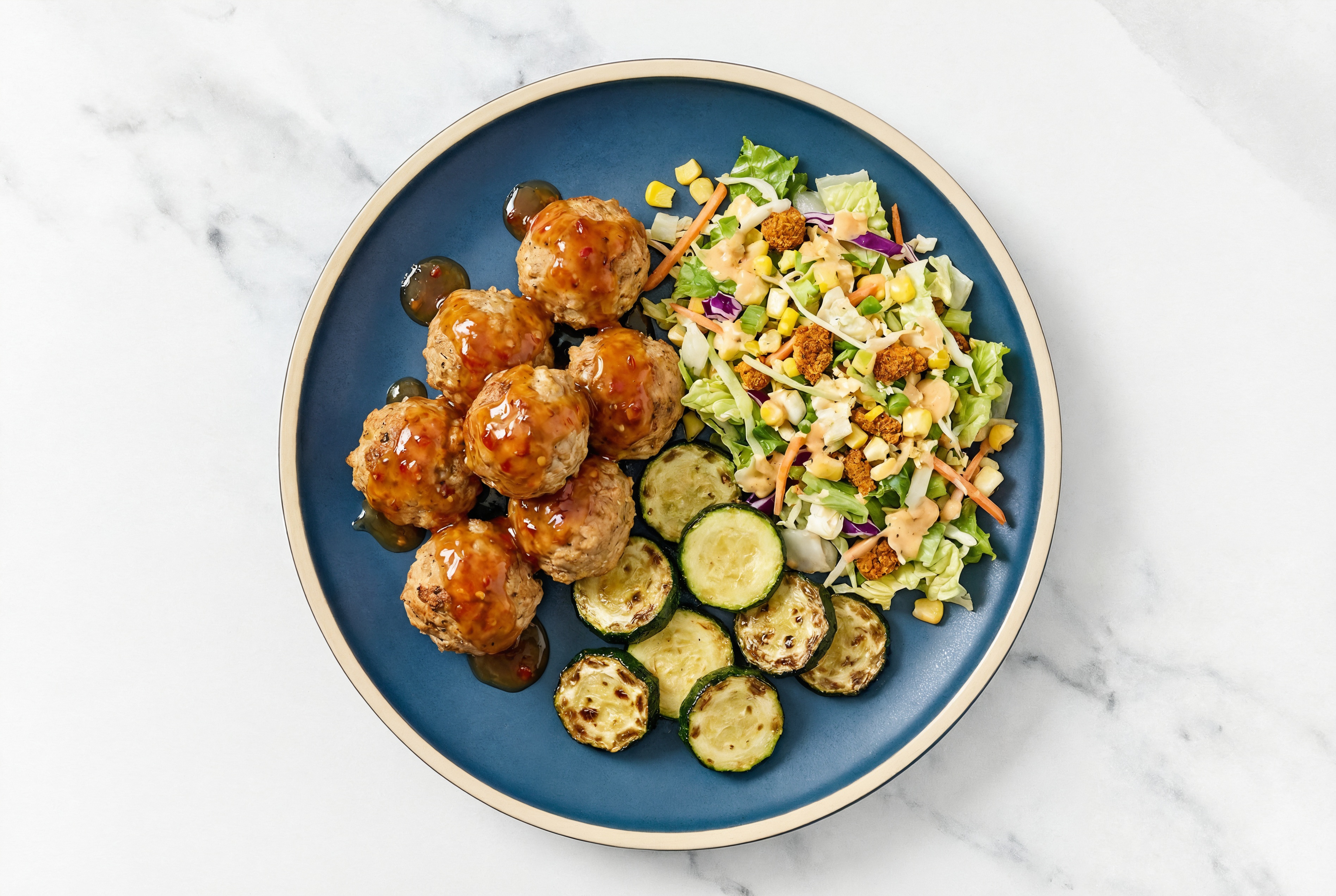 Sweet Chili Baked Turkey Meatballs & Zucchini with Street Corn Salad