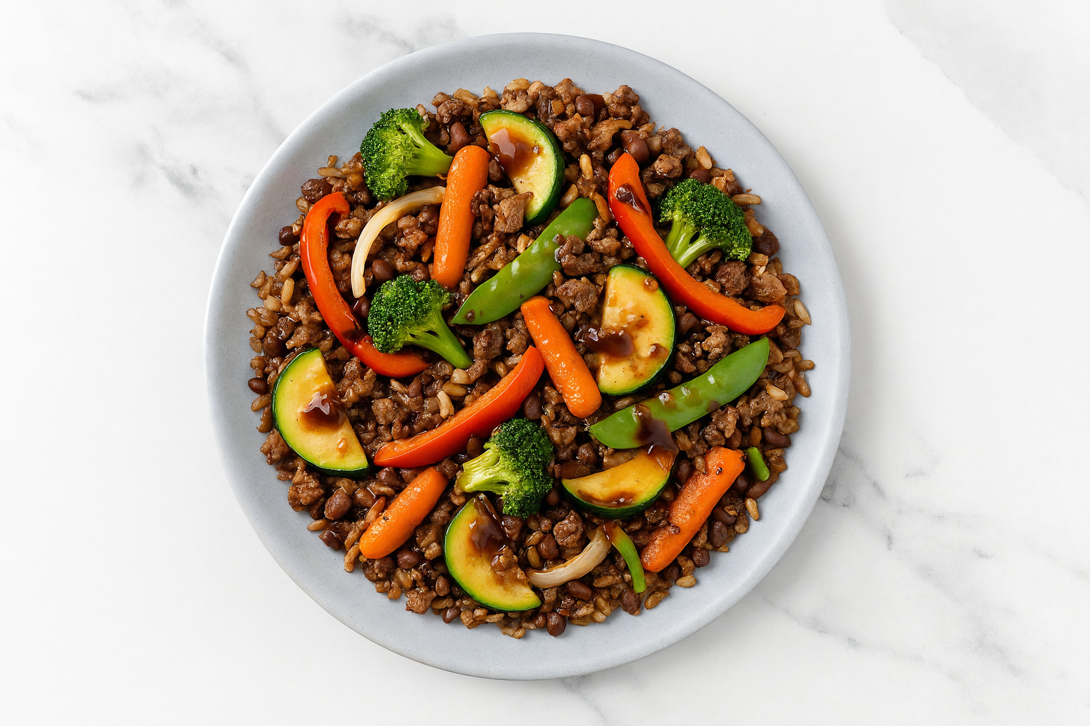 Sweet Teriyaki Ground Lamb + Lentil Bowl with Sautéed Veggies