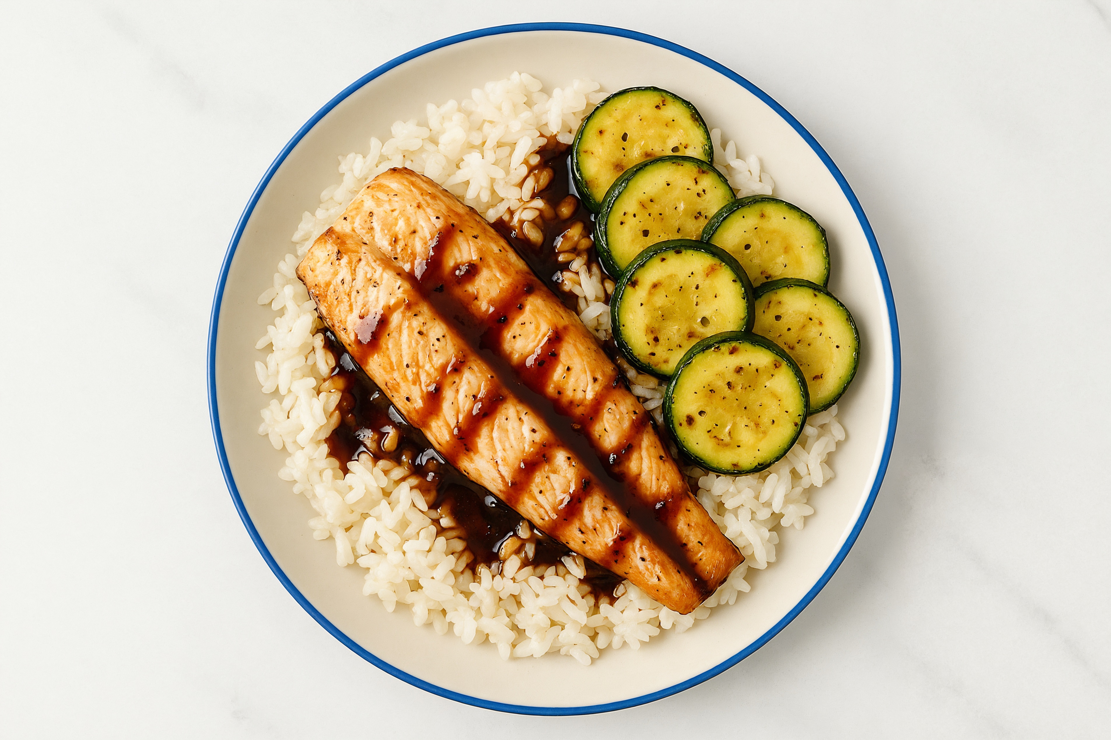 Sweet Teriyaki Trout + White Rice Bowl with Fresh Zucchini