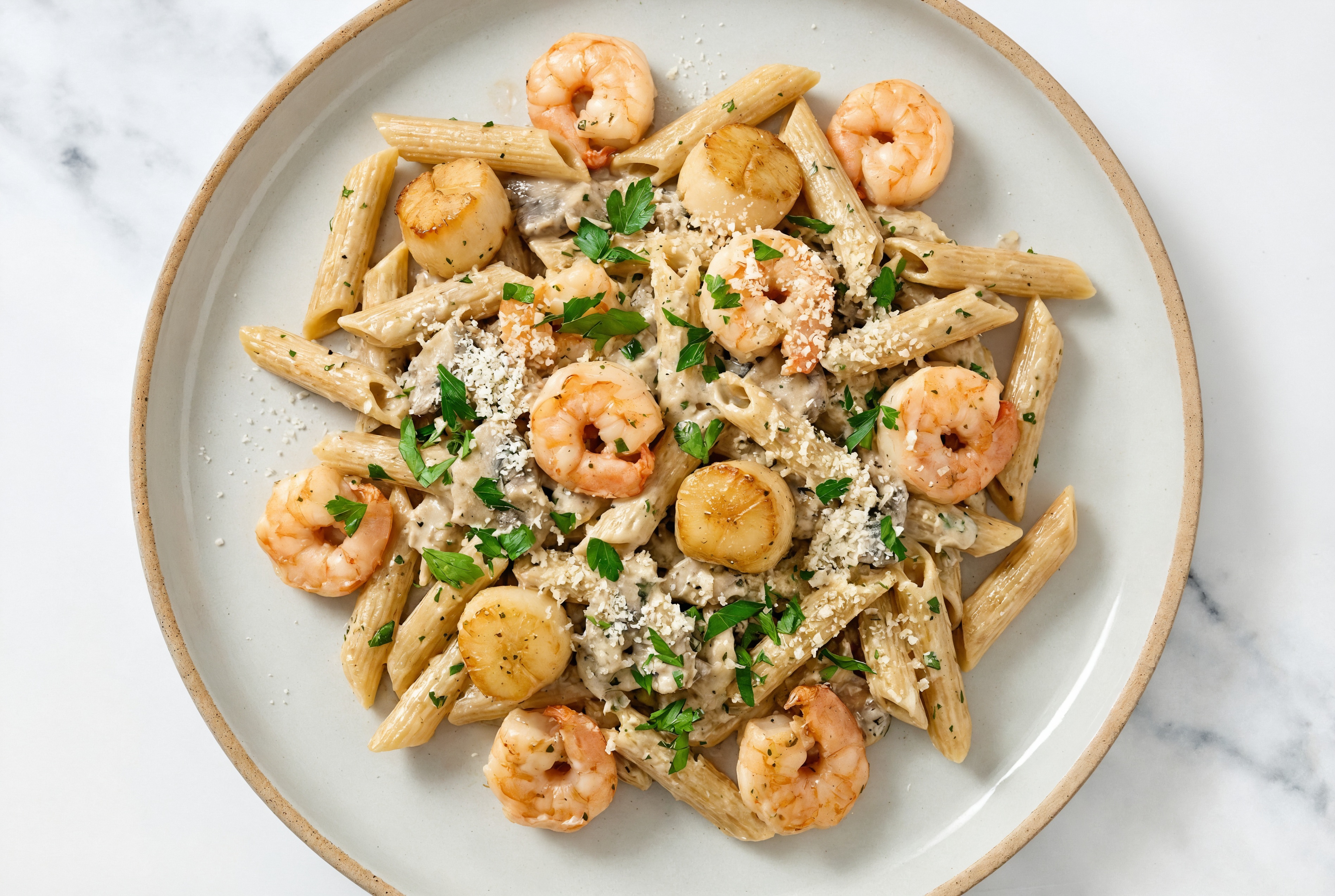Shrimp + Scallop Pasta Truffle with Sourdough Penne Rigate