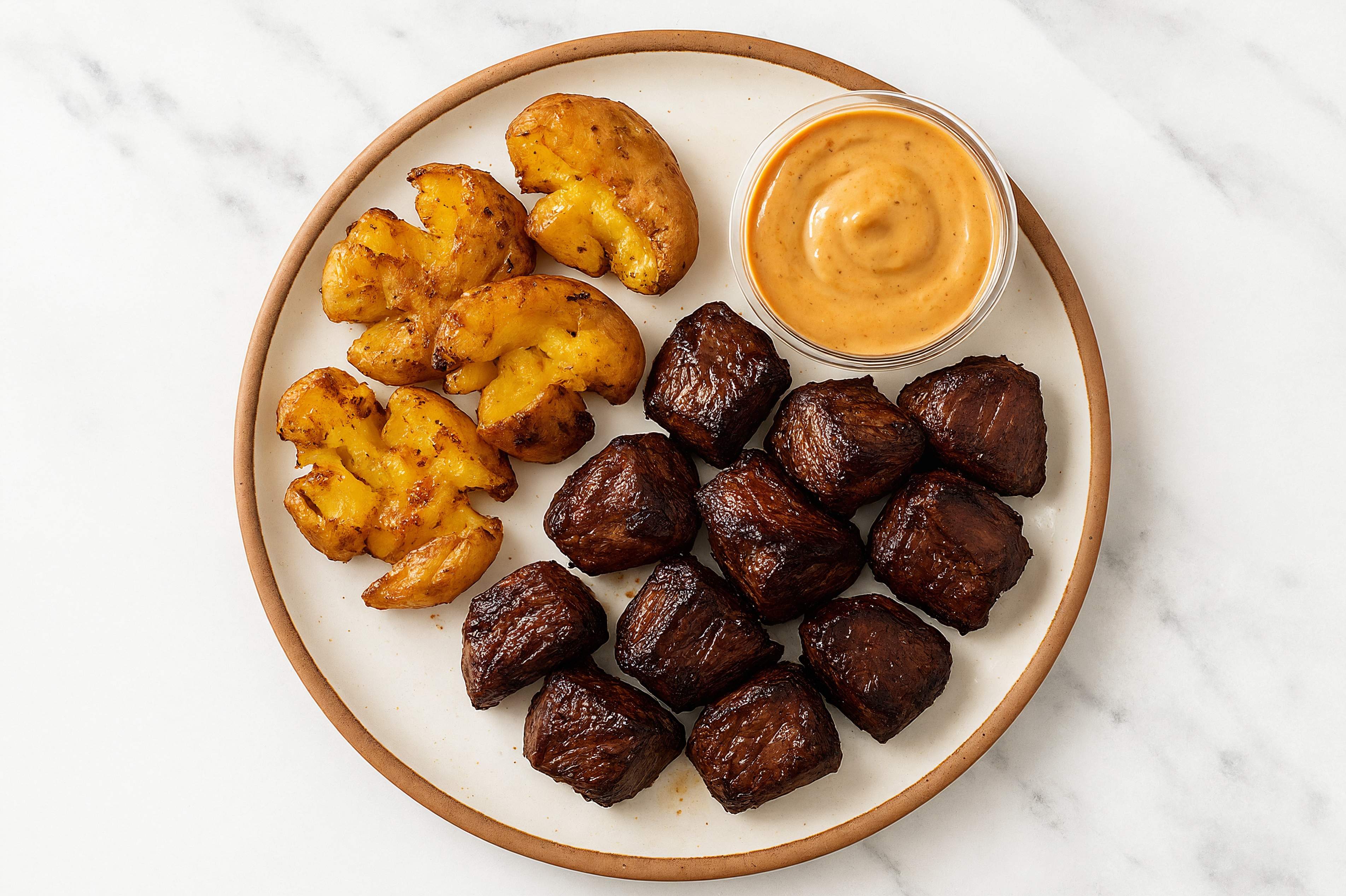 Lamb Cubes with Smashed Fingerlings + a Dollop of Creamy Smoky BBQ