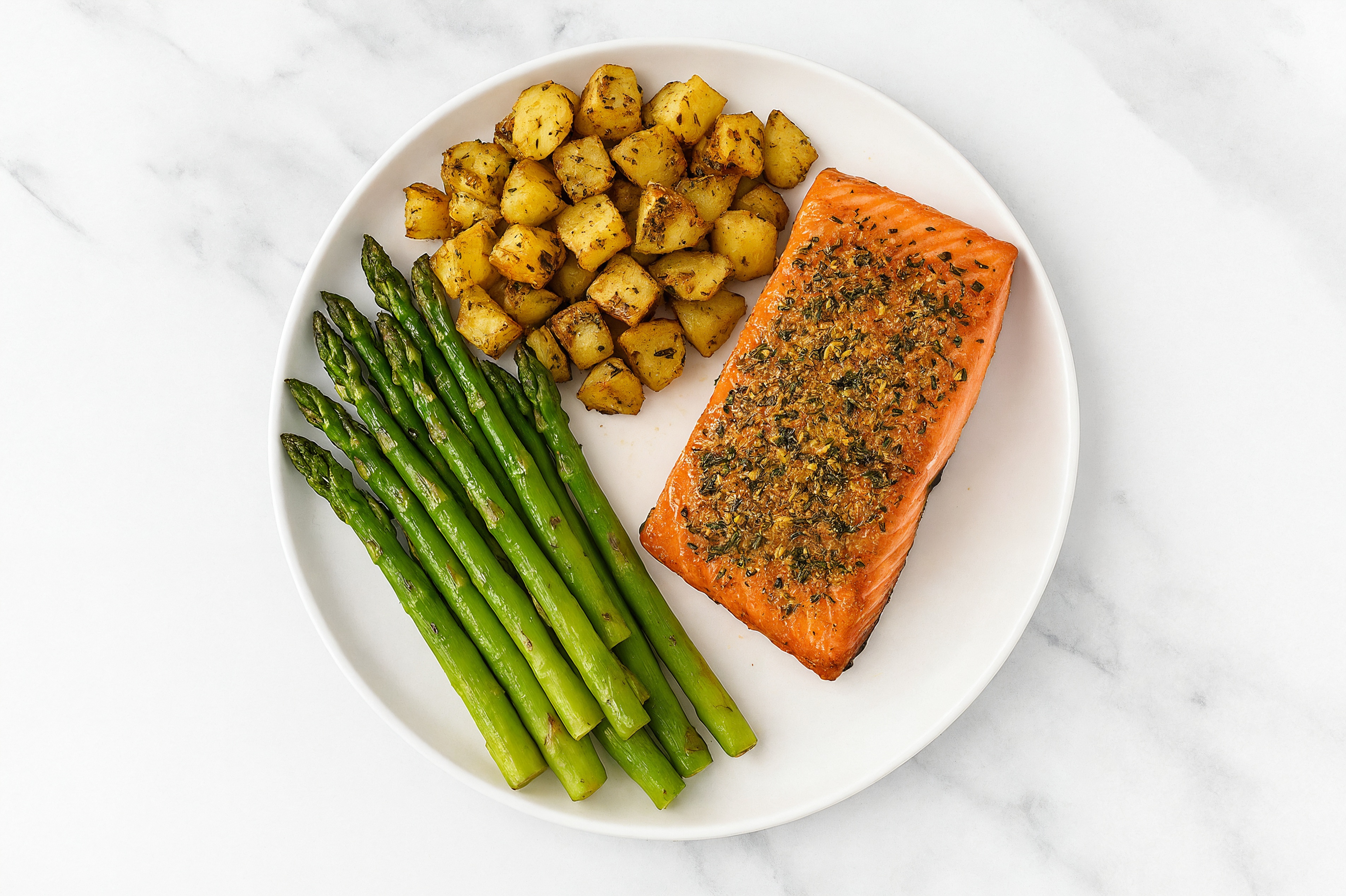 Roasted Garlic Wild Salmon with Herbed Potatoes + Asparagus