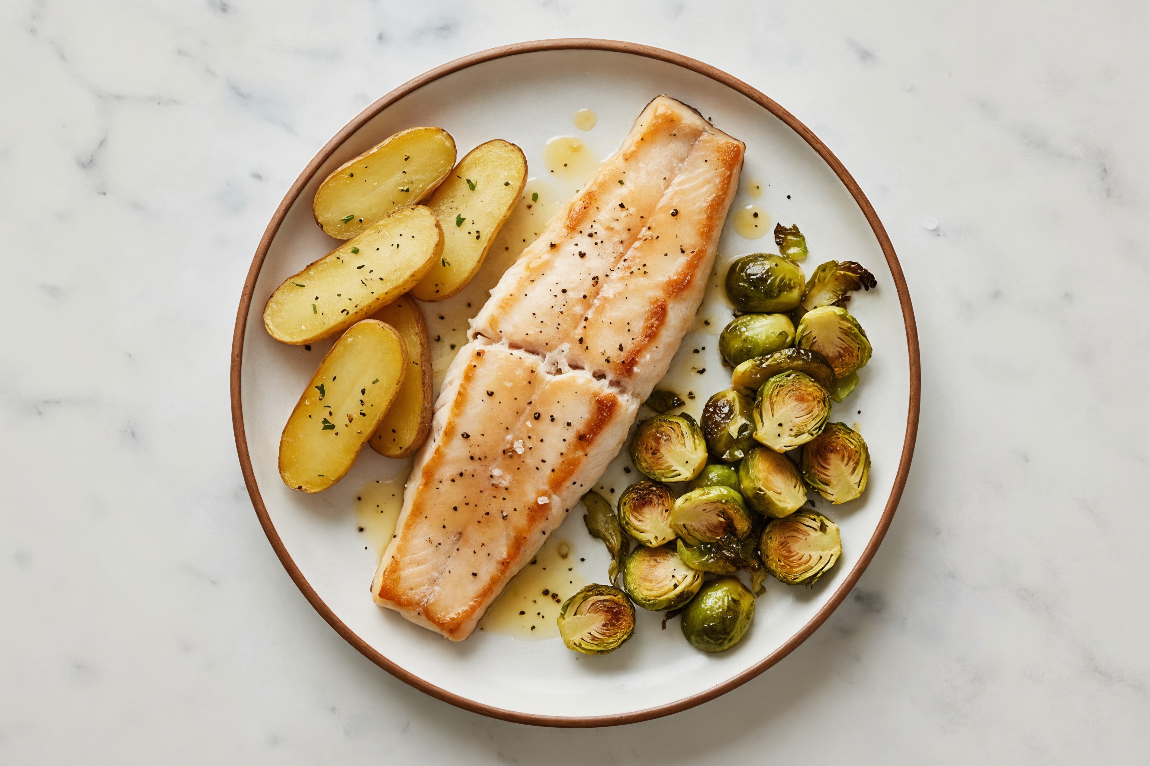 Lemon-Slow Churned Pasture Butter Trout with Fingerling Potatoes & Brussels