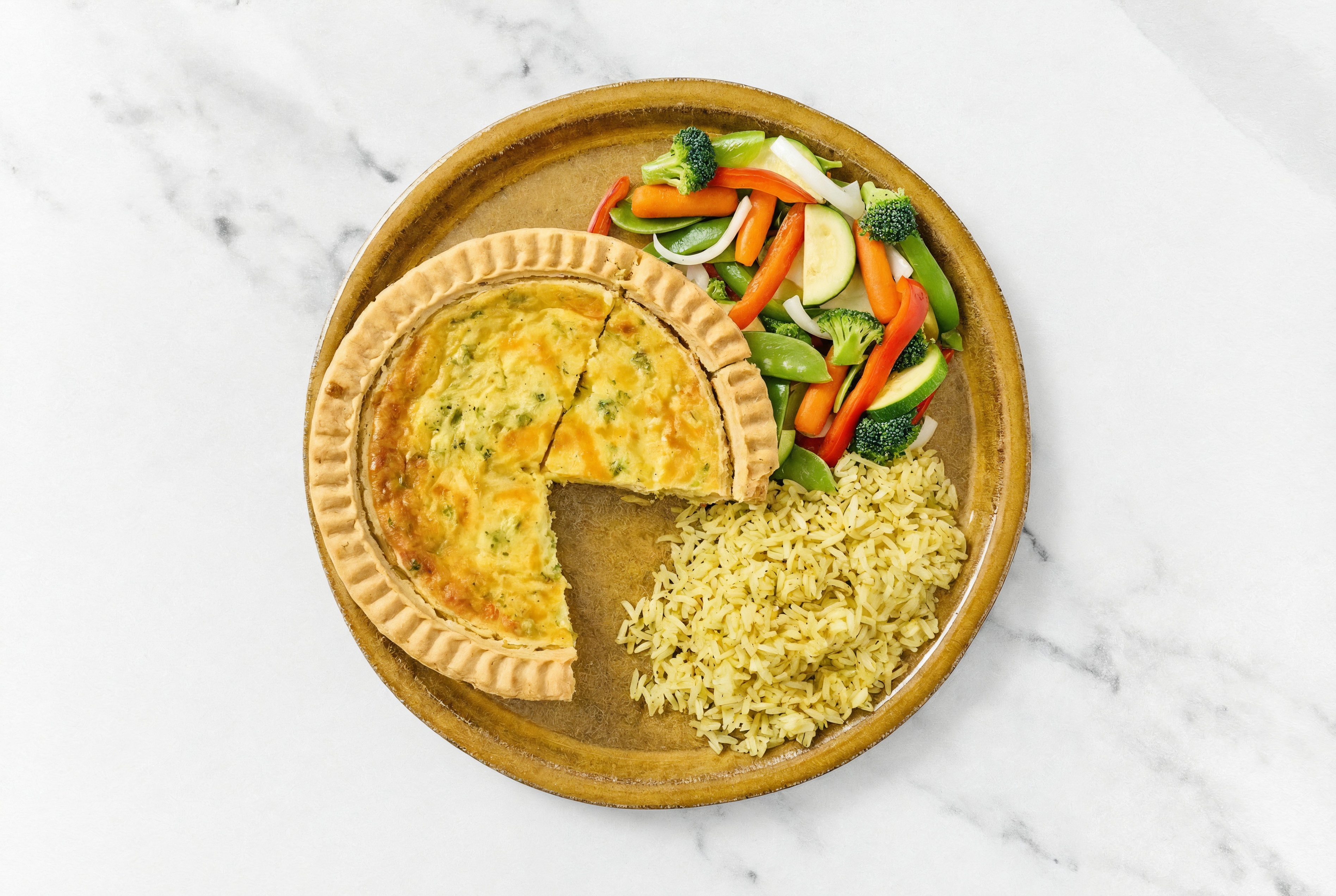 Broccoli & Cheddar Quiche with Veggies & Jasmine Rice