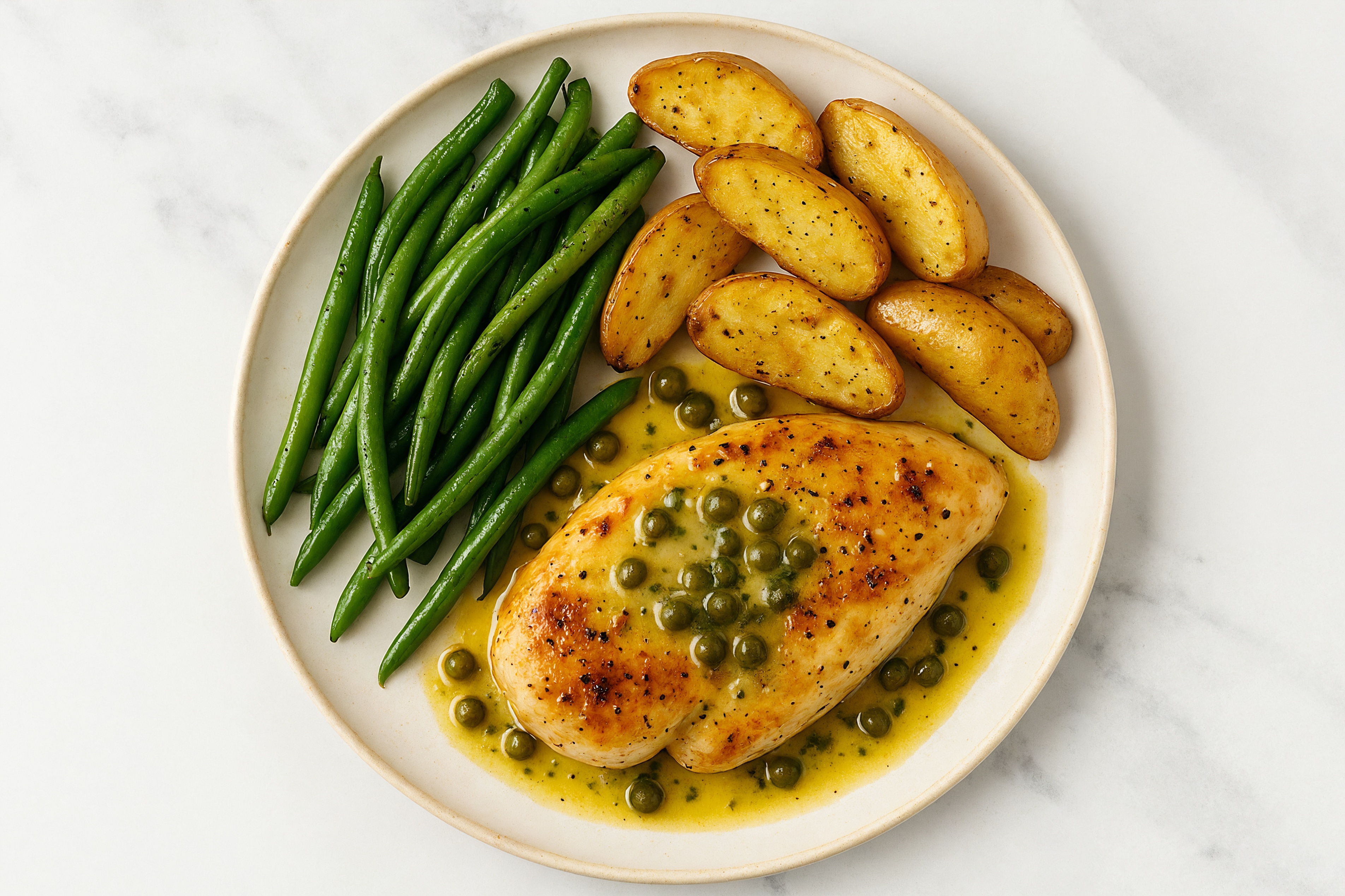 Caper-Slow Churned Lemon & Peppercorn Pasture Butter Chicken Breast with Fingerling Potatoes & Green Beans