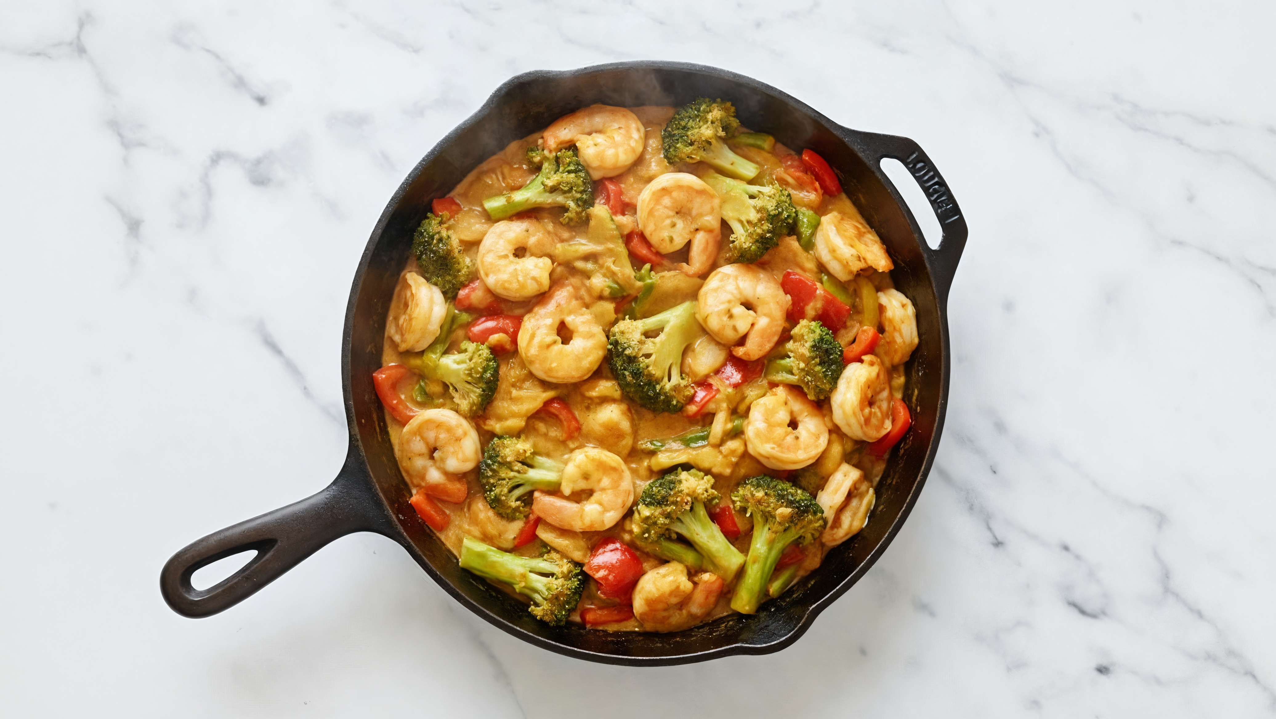Coconut Curry Jumbo Shrimp with Sautéed Organic Broccoli + Red Organic Pepper