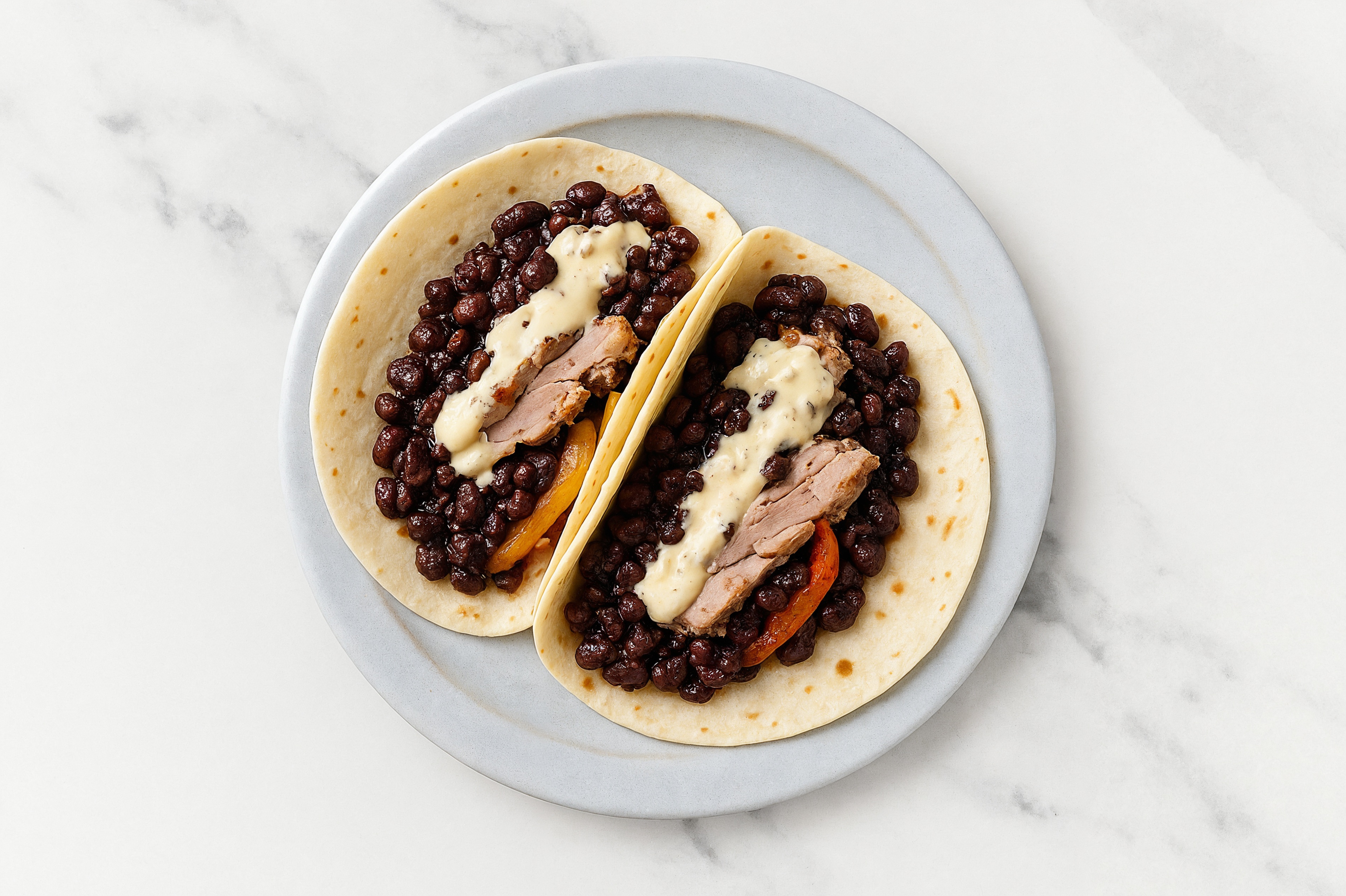 Cuban Spiced Black Beans Bean Tacos with Seared Tuna & Garlic Sauce