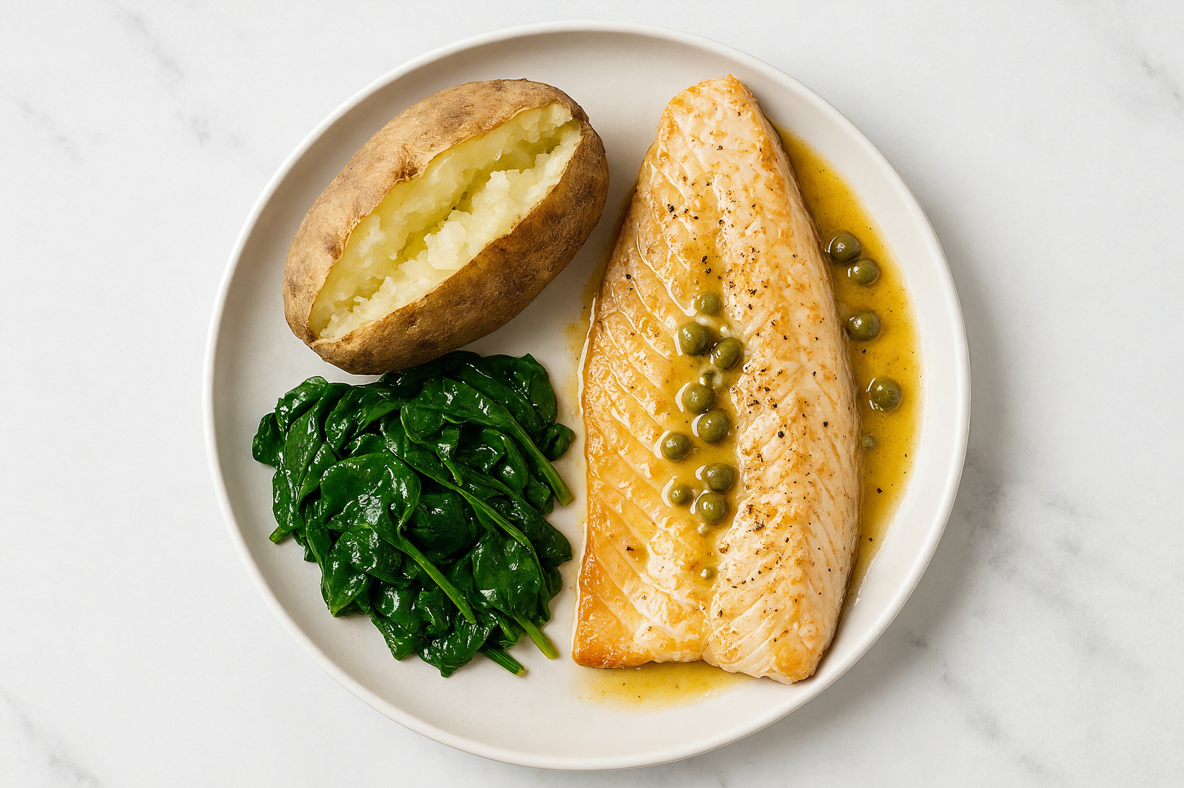 Caper-Slow Churned Pasture Butter Trout with Russet Potato & Spinach