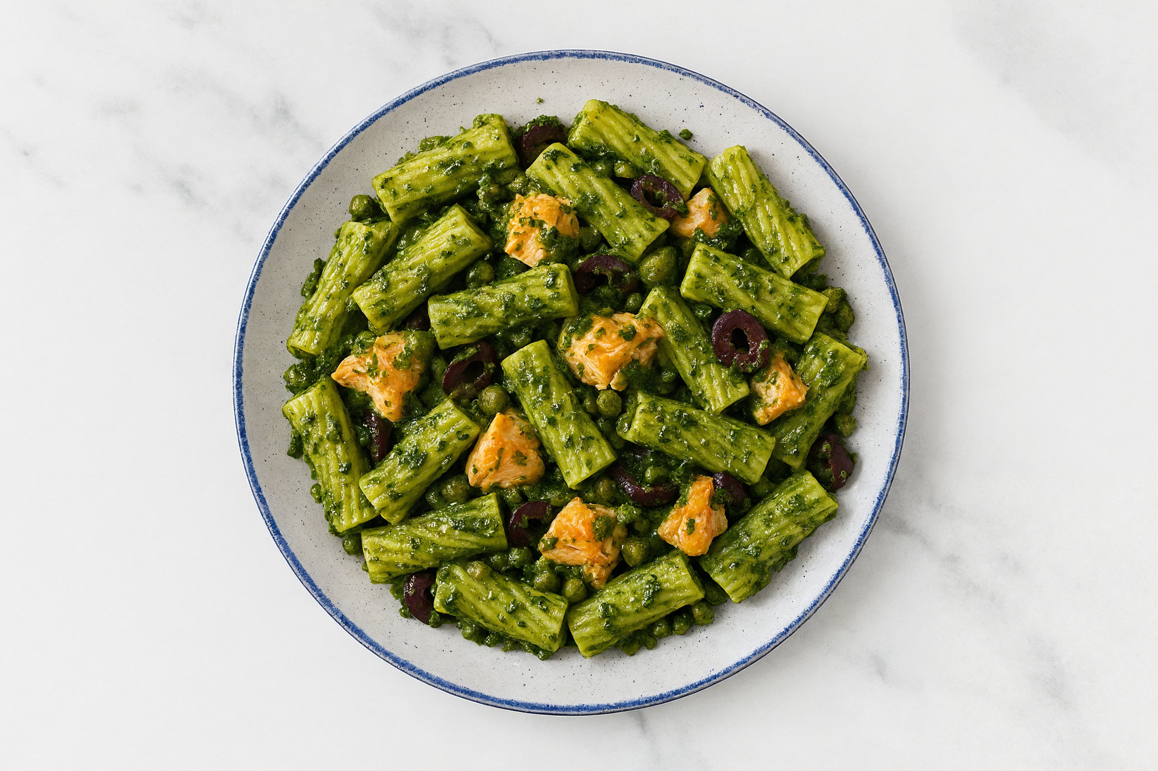 Super Green Salmon Rigatoni with Kalamata Olives + Foraged Capers