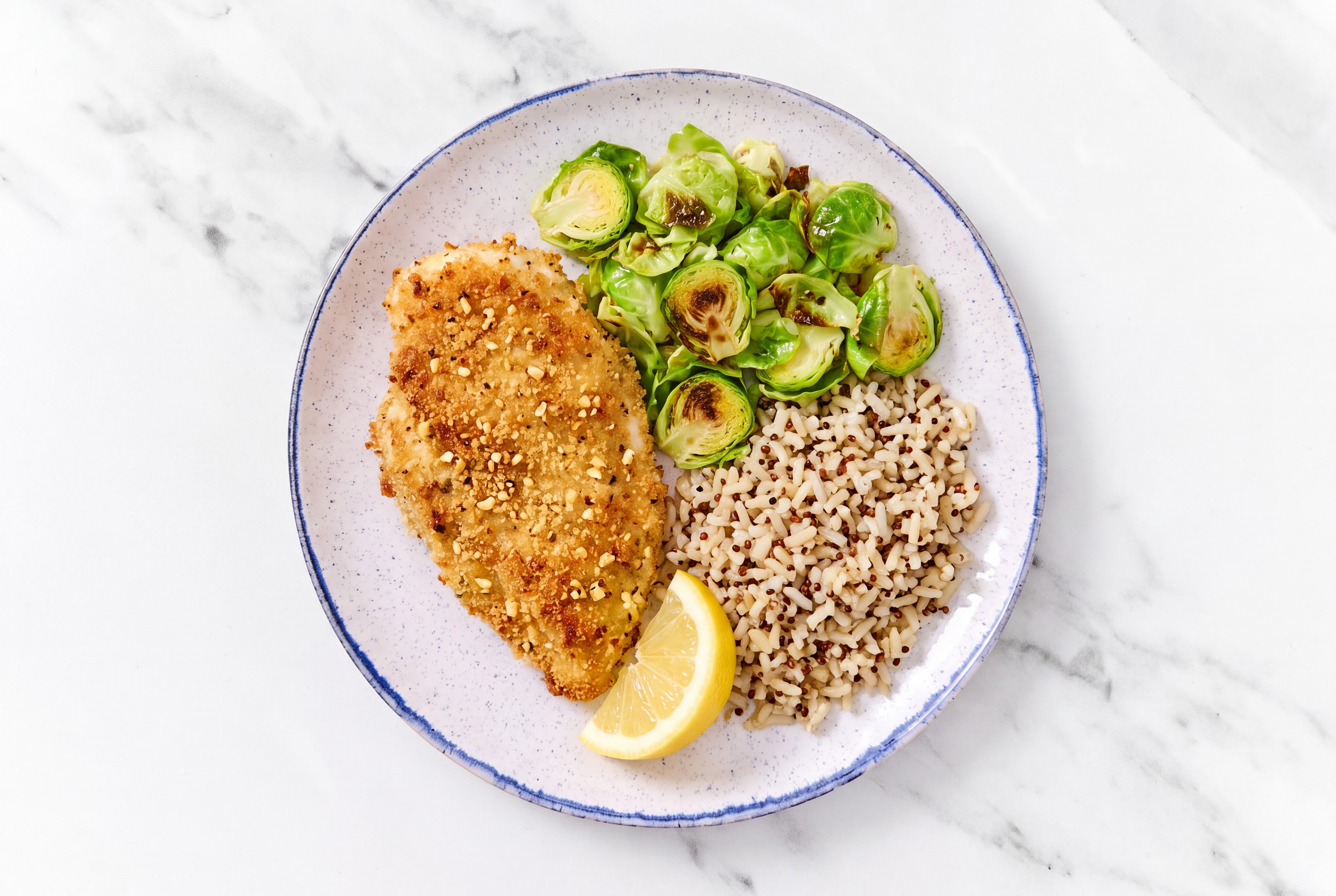 Lemon Parmesan Breaded Chicken Cutlet with Brussels Sprouts & Brown Rice